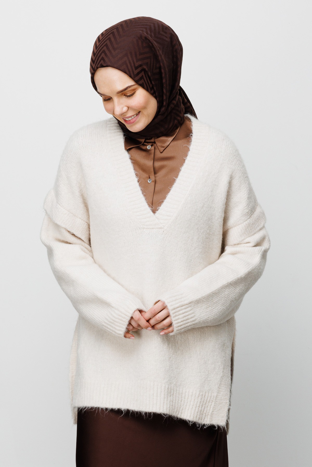 Zigzag Pattern Cotton Jacquard Shawl - Bitter Coffee