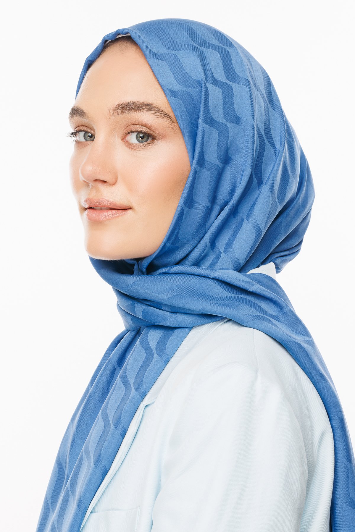 Wave Pattern Silky Jacquard Shawl - İndigo