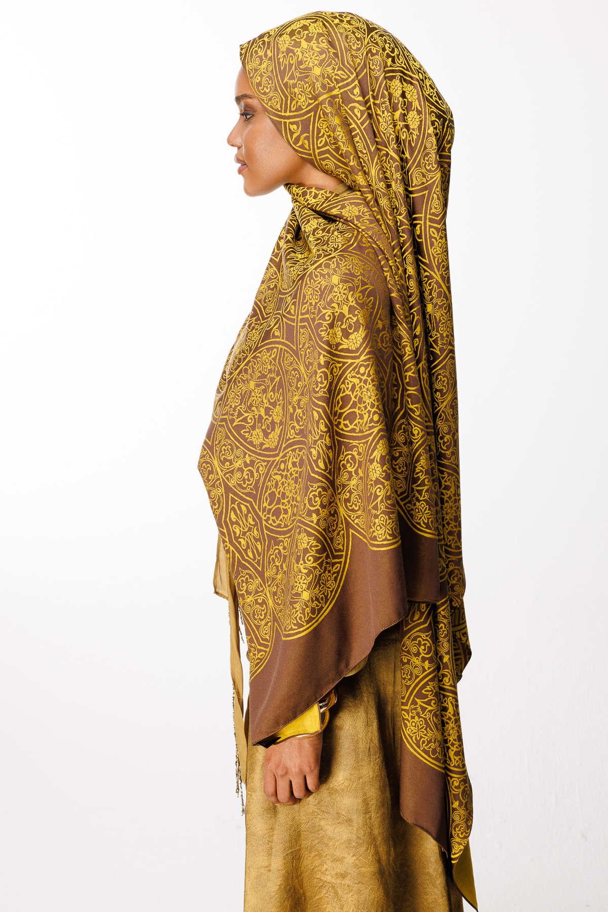 Morocco Pattern Double-Sided Shawl - Bitter Coffee-Mustard