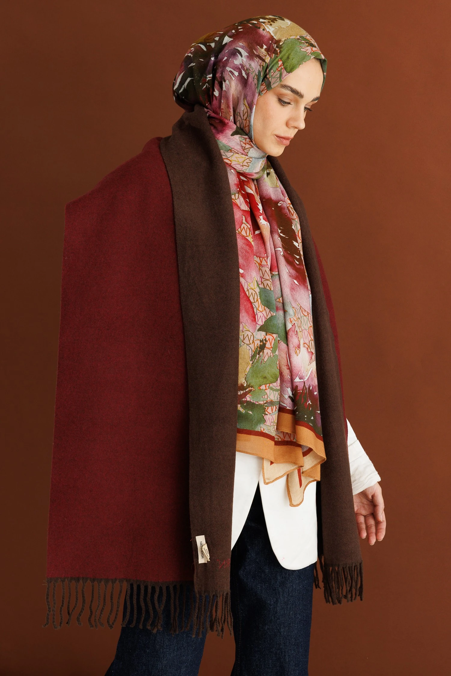 Çift Taraflı Yün Atkı - Acı Kahve Bordo