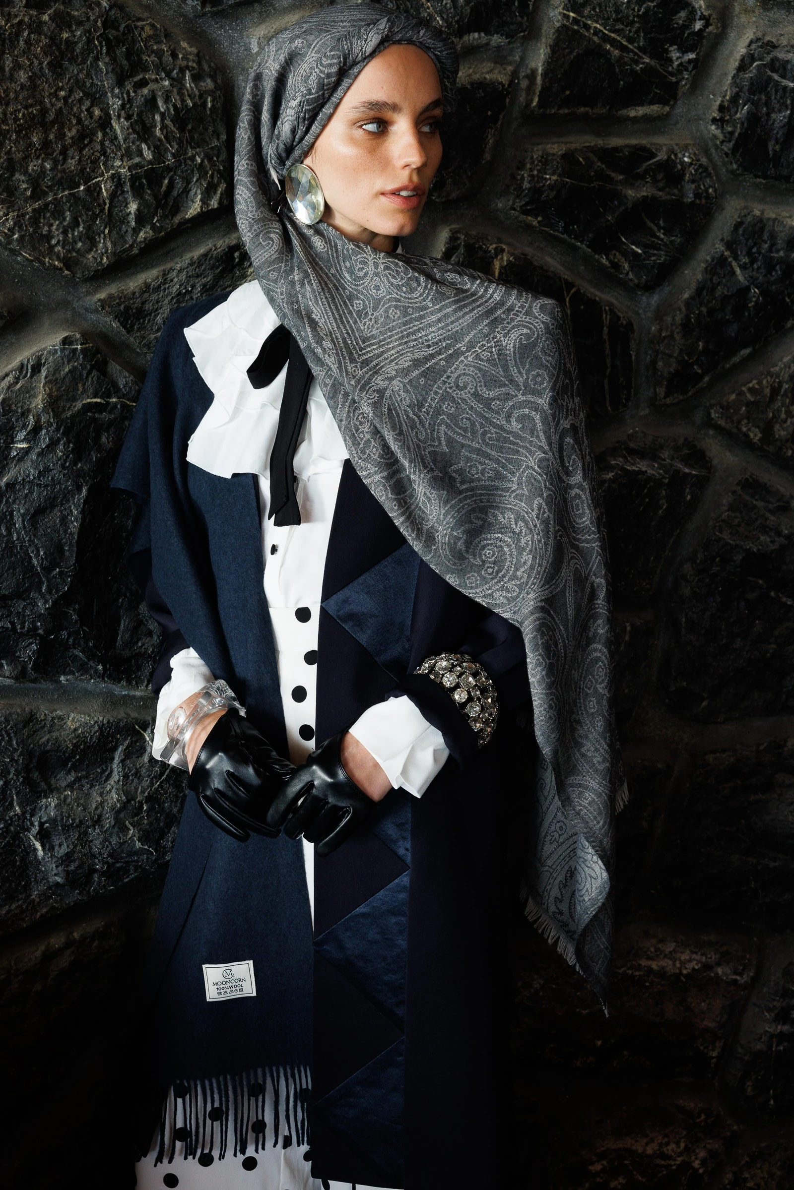 Rumi Desen Yün Kaşmir Şal - Black