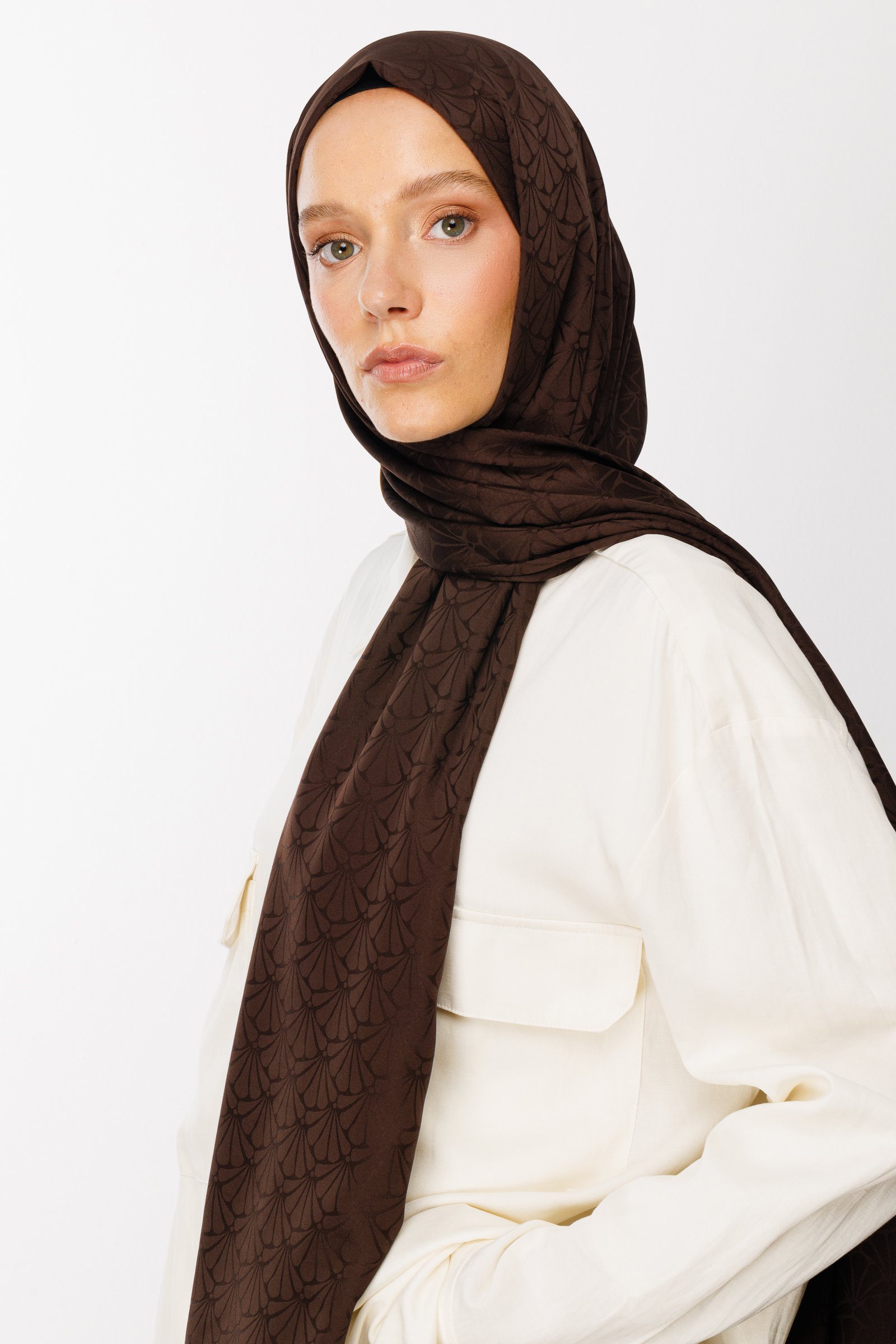 Lotus Pattern Silk Jacquard Shawl - Bitter Coffee