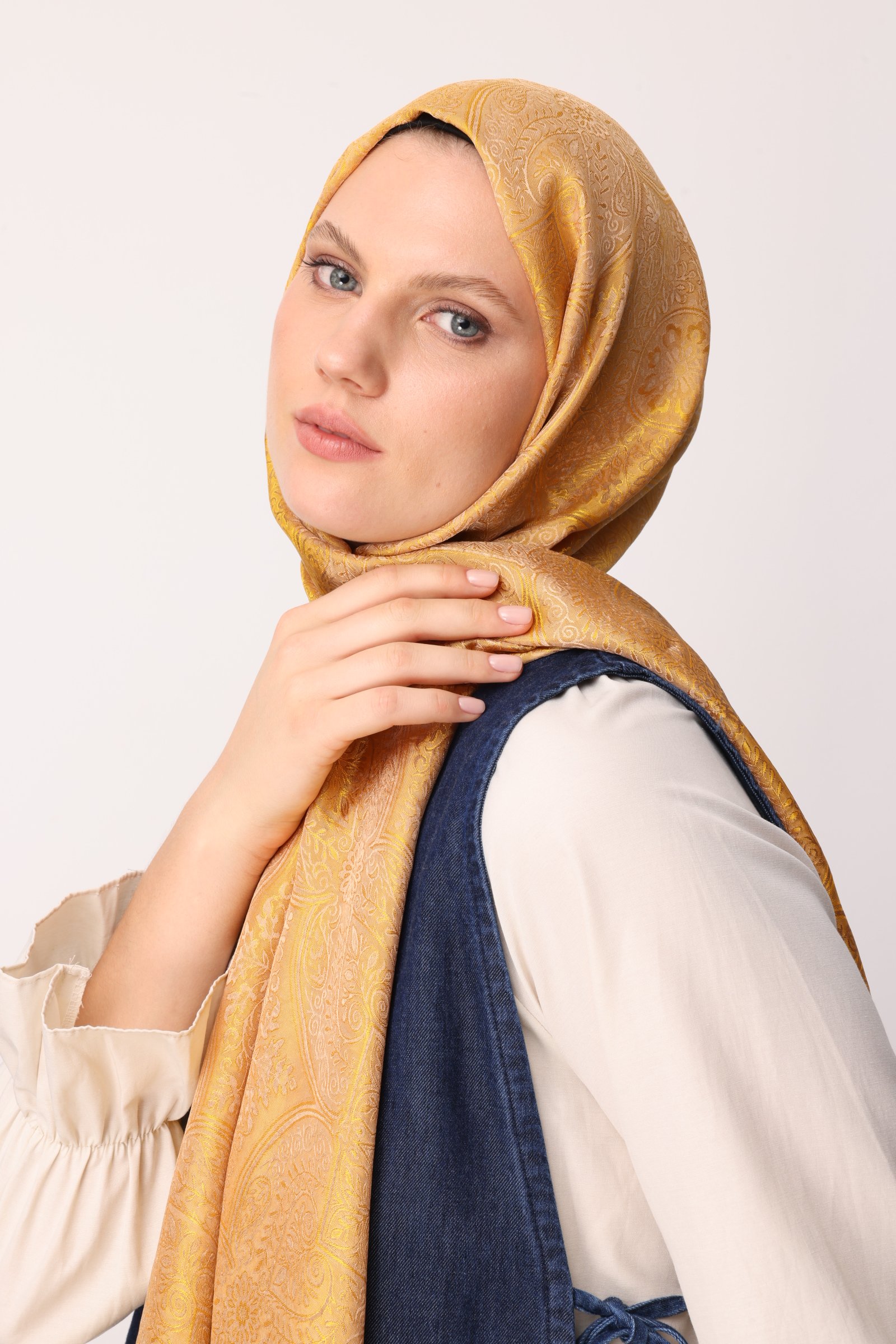 Shline Line Viscose Shawl - Mink-Mustard