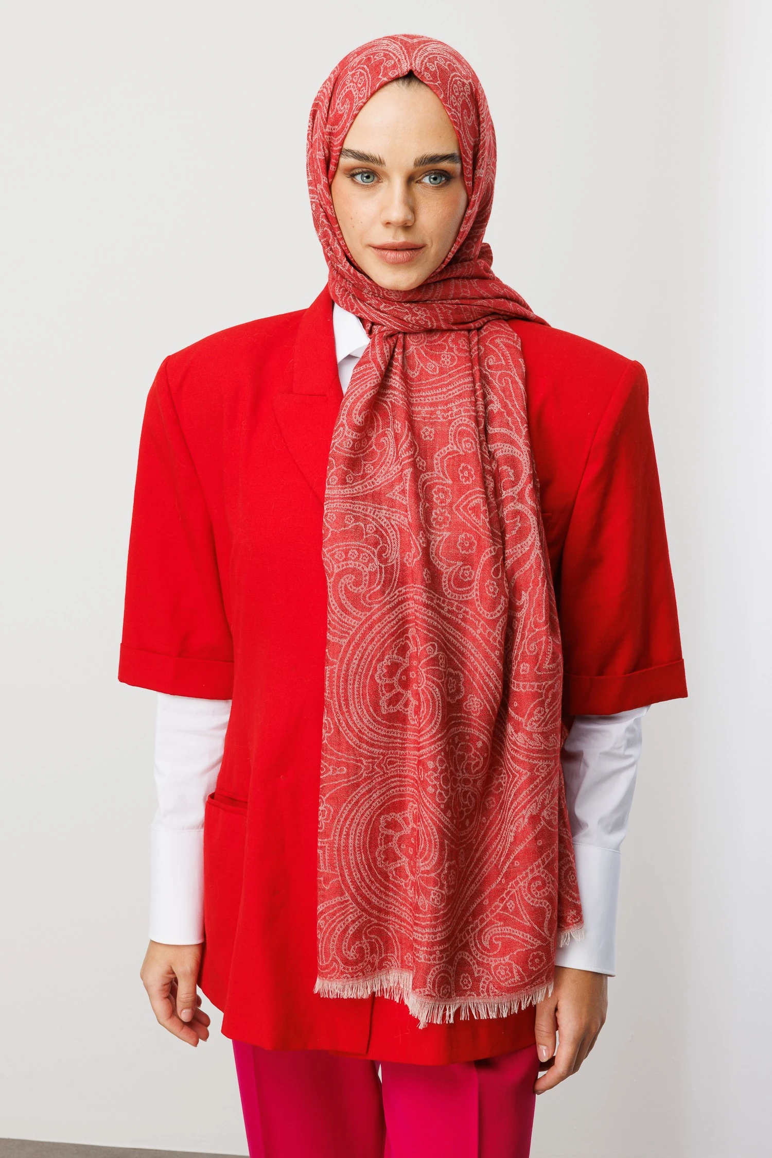 Rumi Desen Yün Kaşmir Şal - Red