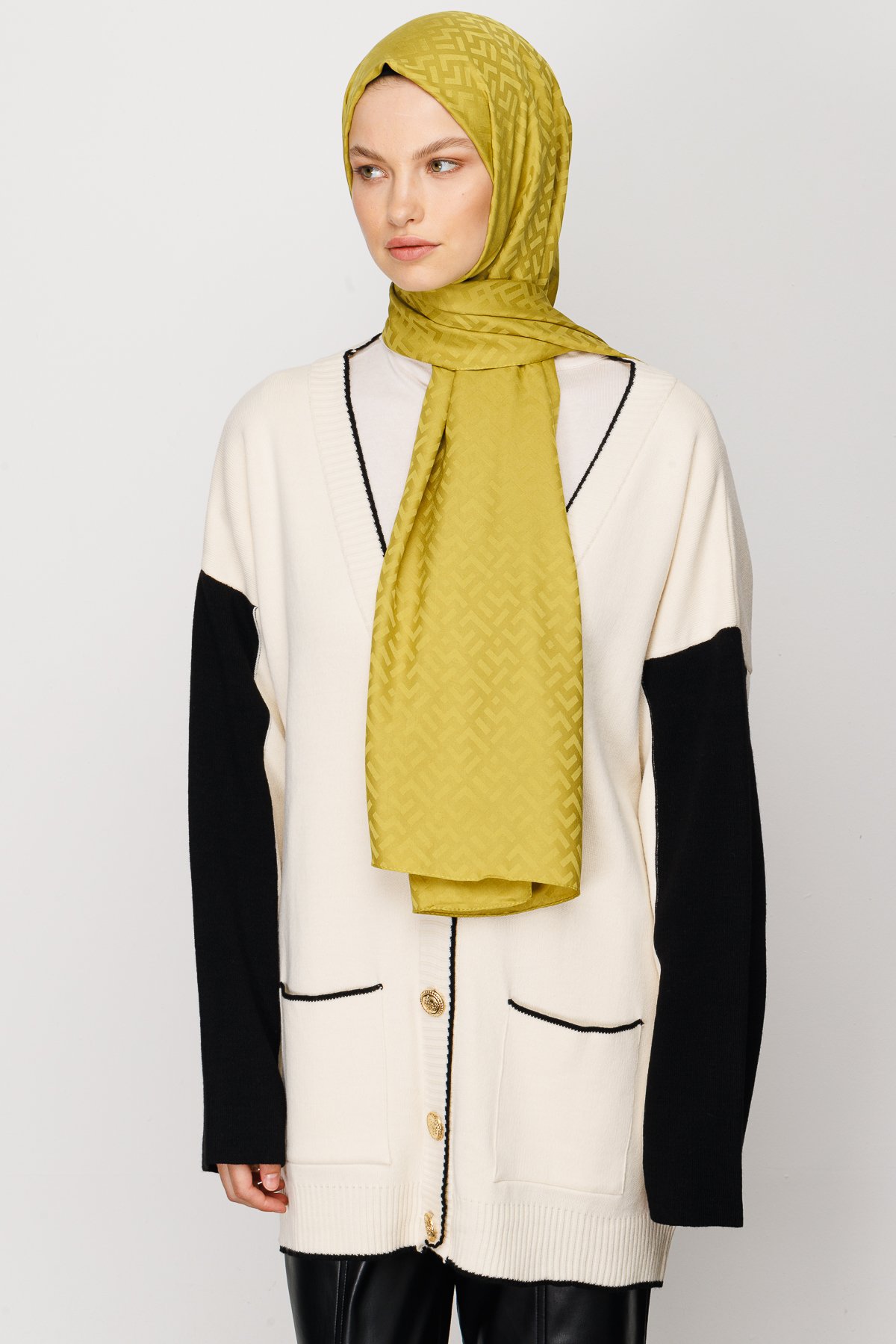 Z Pattern Silky Jacquard Shawl - Olive Green