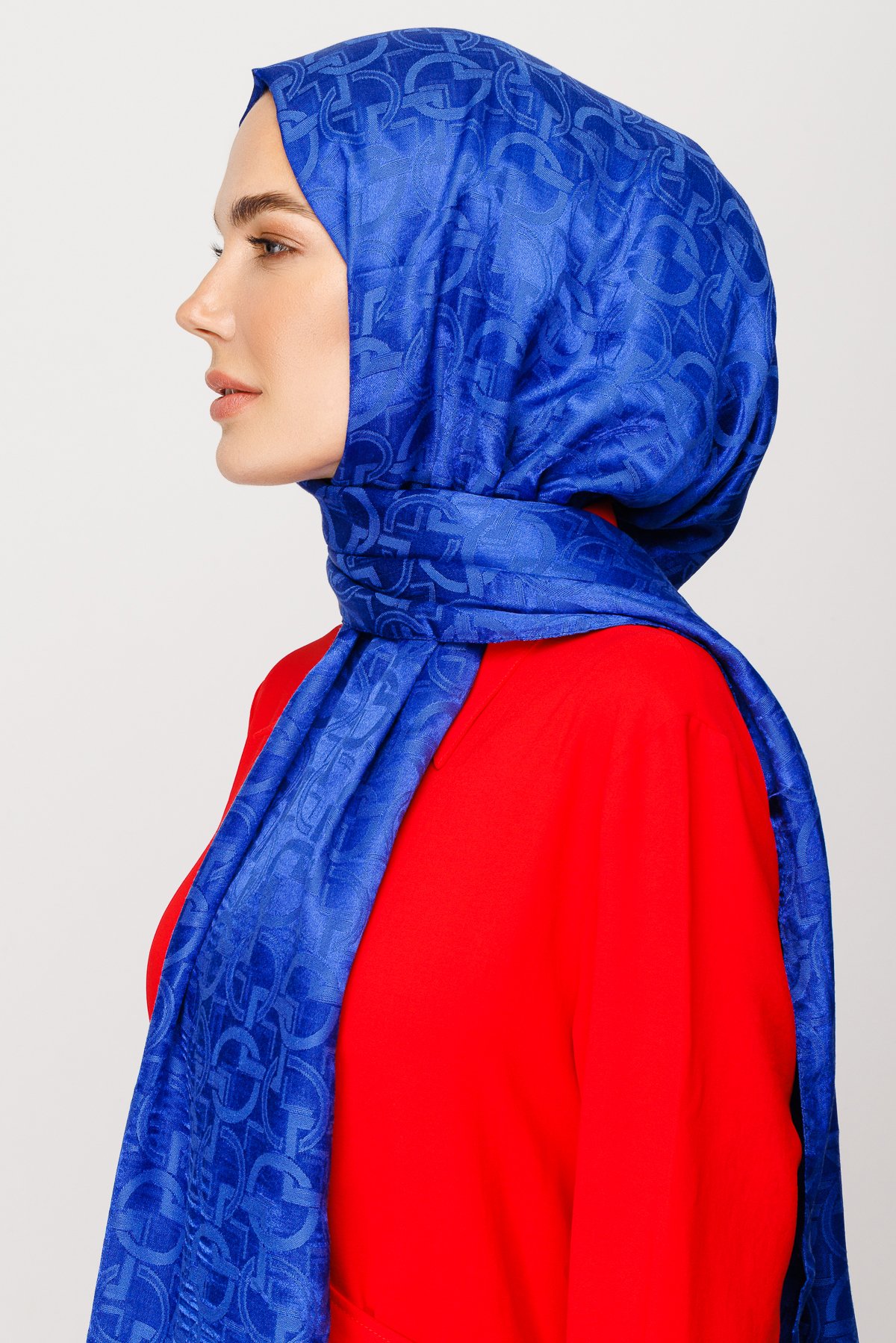 Longar Pattern Shiny Jacquard Shawl - Sax Blue