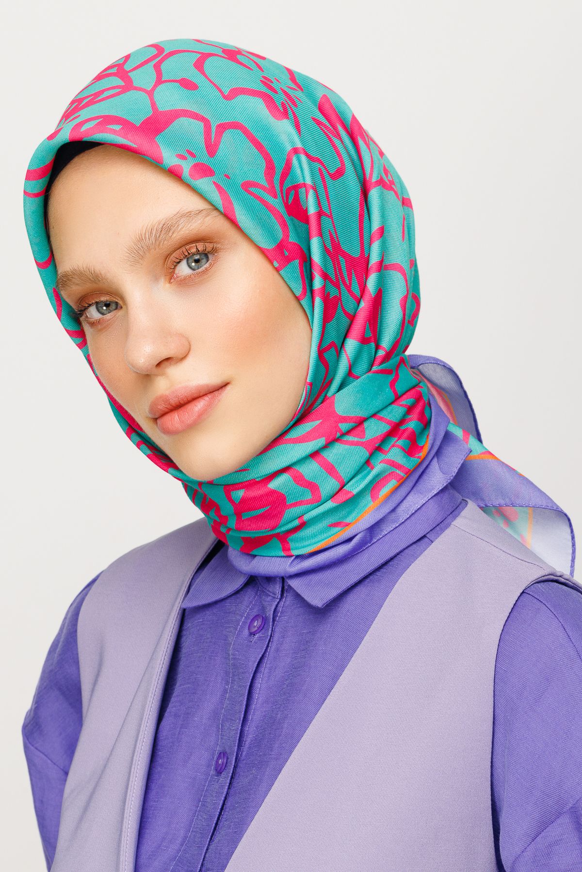 Floral Desen Dijital Soft Eşarp - Turkuaz