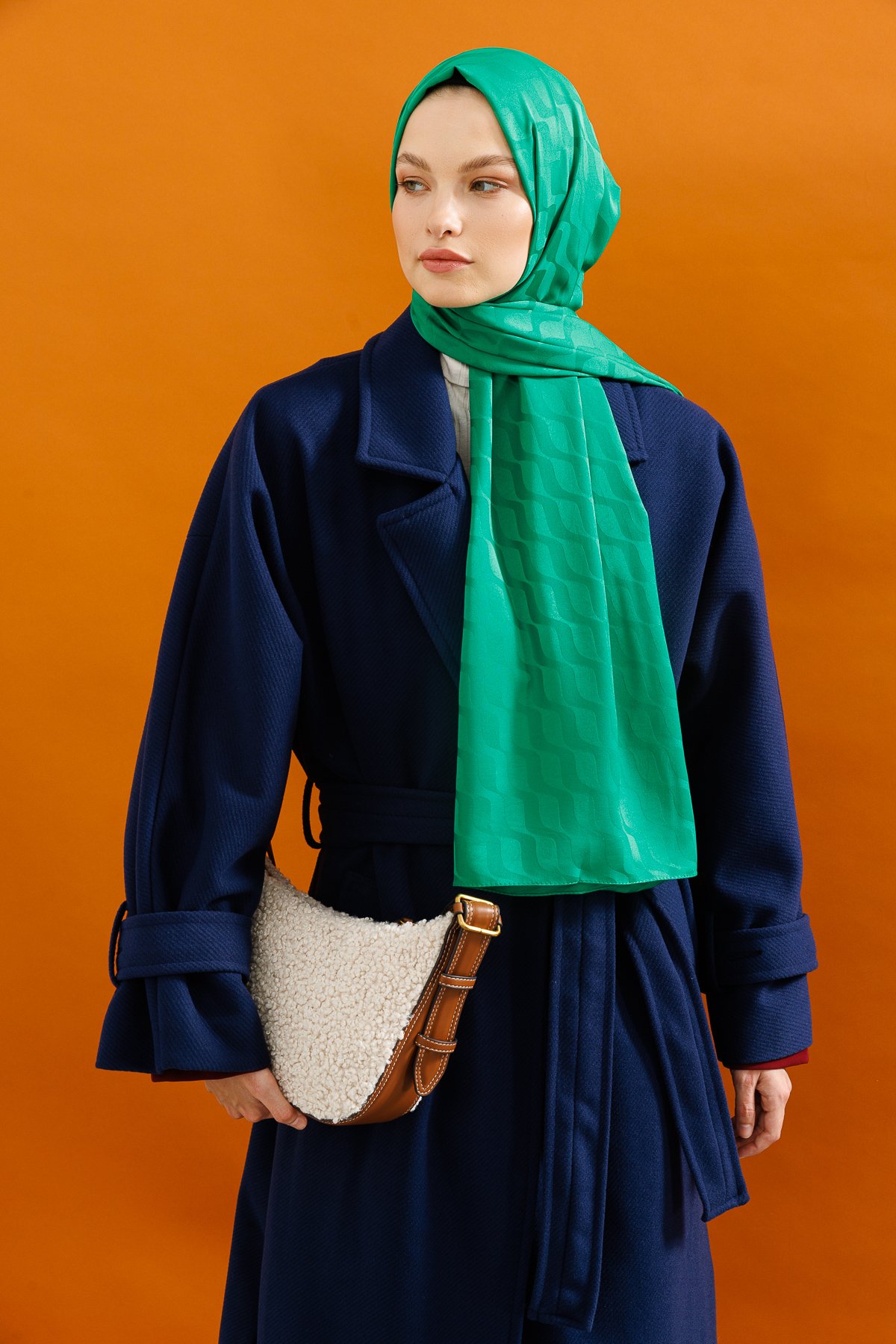 Benetton Yeşili Dalga Desen İpeksi Jakar Şal