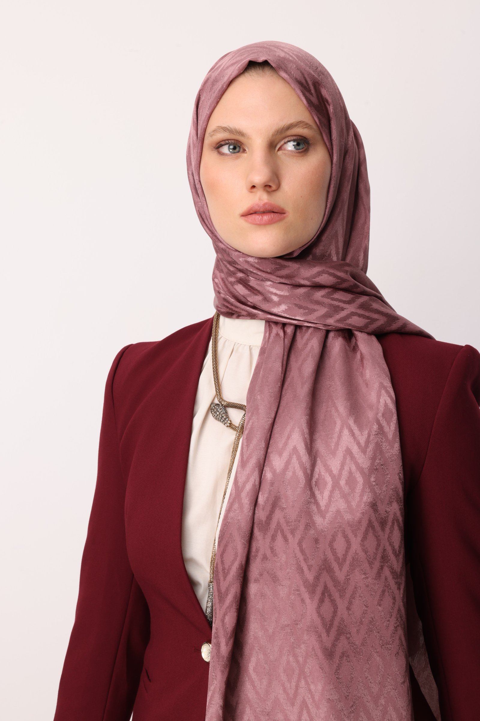Shiny Check-Pattern Jacquard Shawl - Dried Rose