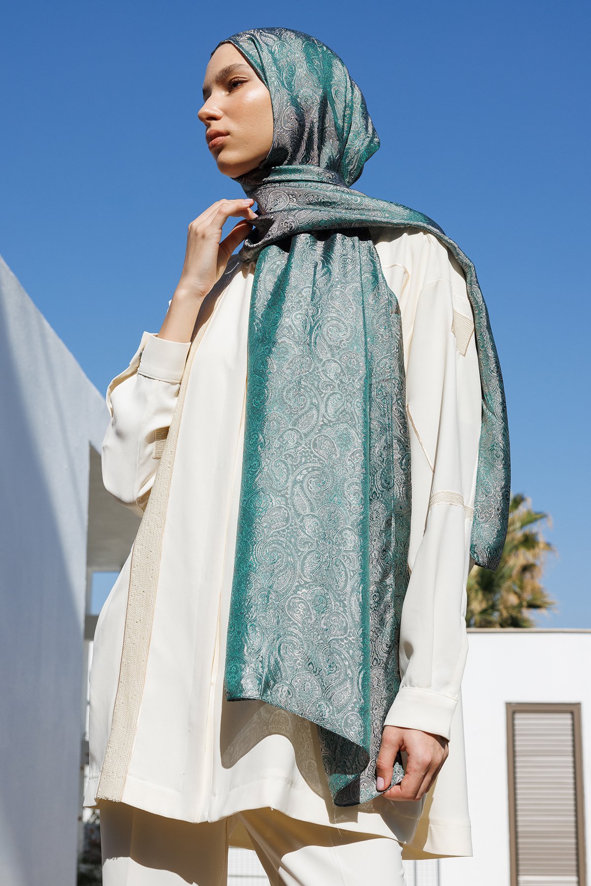Moren Pattern Shine Line Shawl - Emerald-Pink