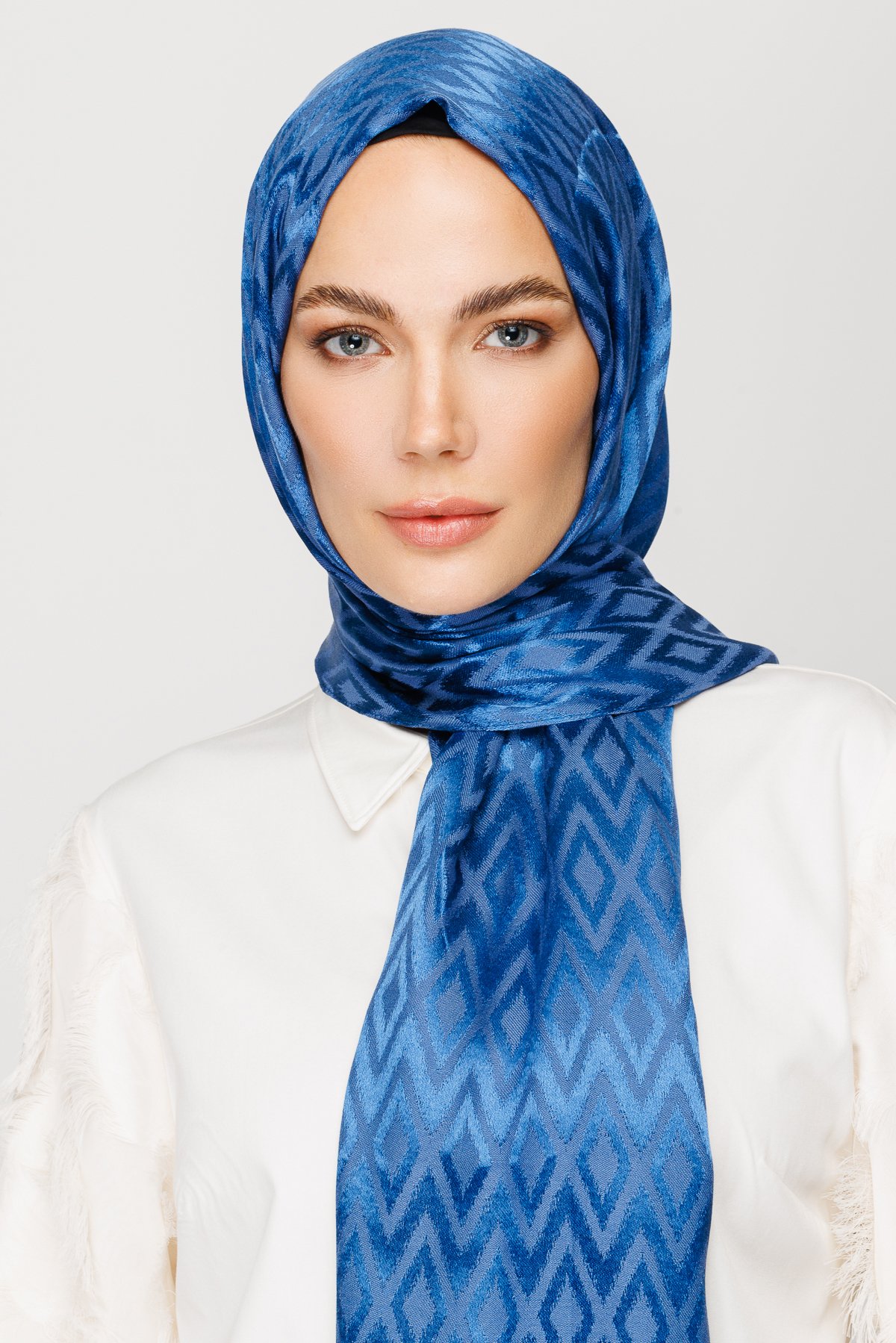 Karo Pattern Shiny Jacquard Shawl - İndigo
