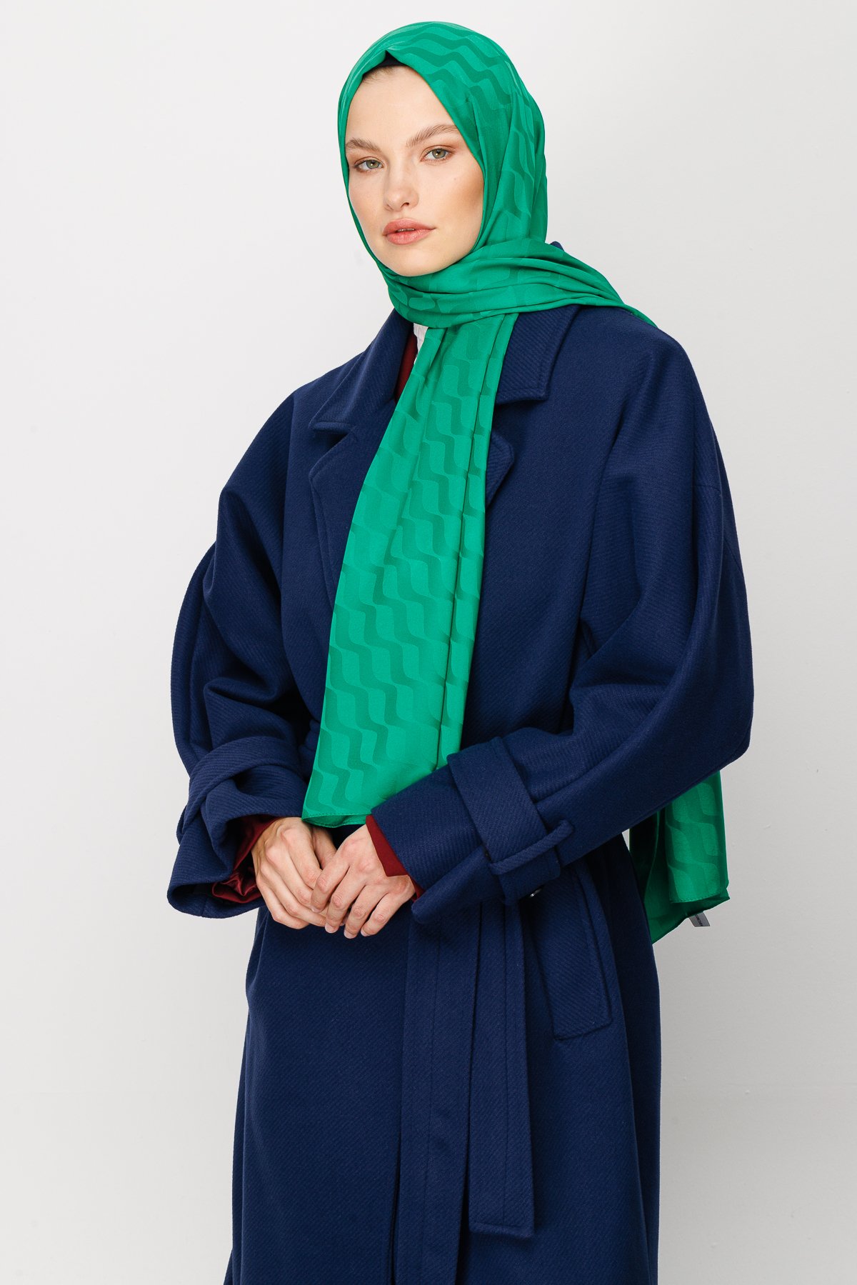 Benetton Yeşili Dalga Desen İpeksi Jakar Şal