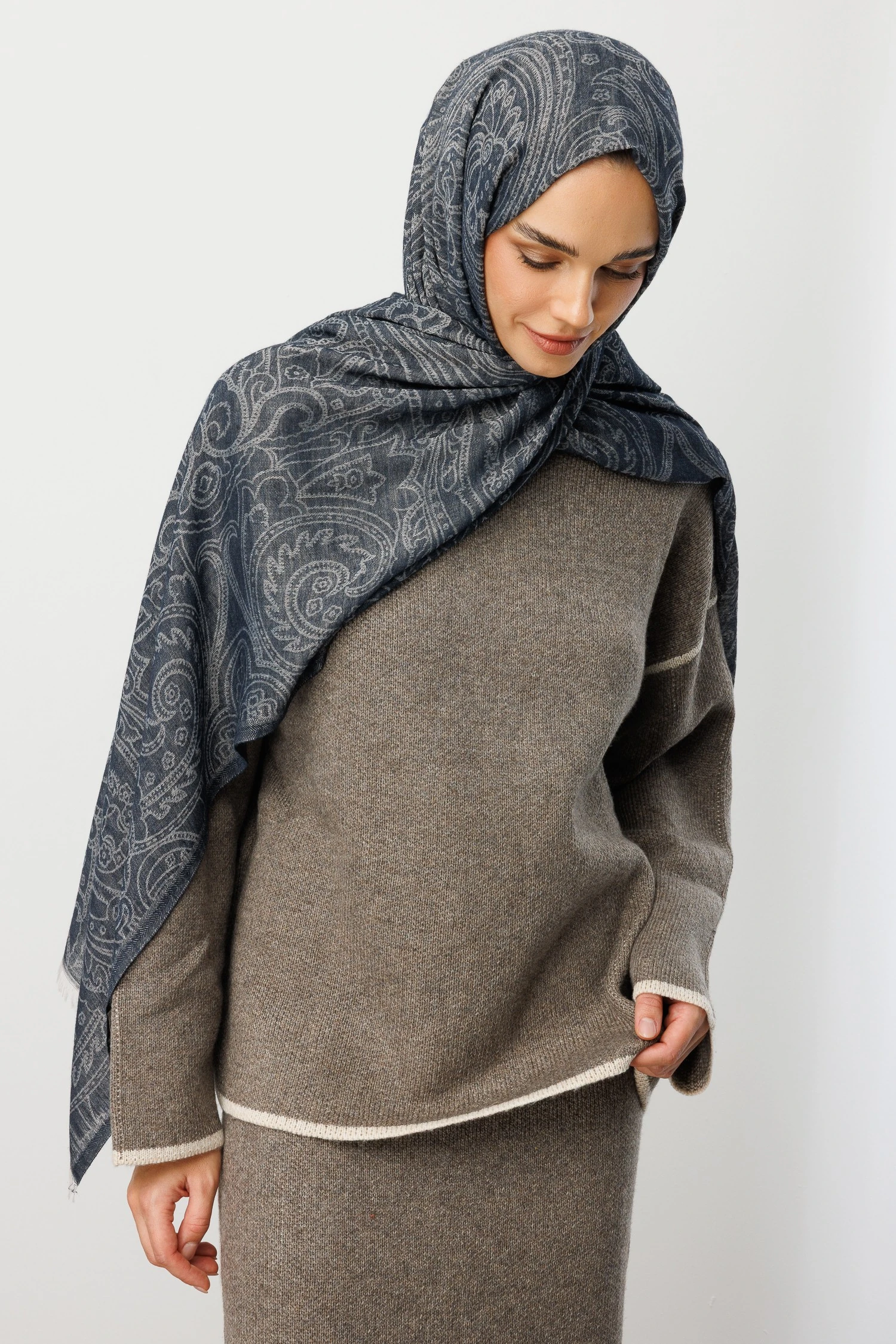 Rumi Desen Yün Kaşmir Şal - Navyblue