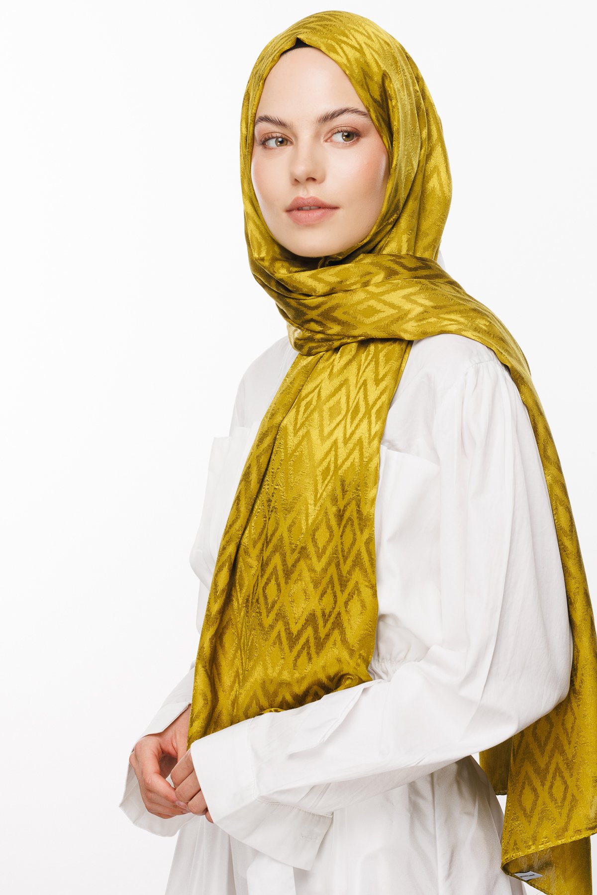 Karo Pattern Shiny Jacquard Shawl - Olive Green