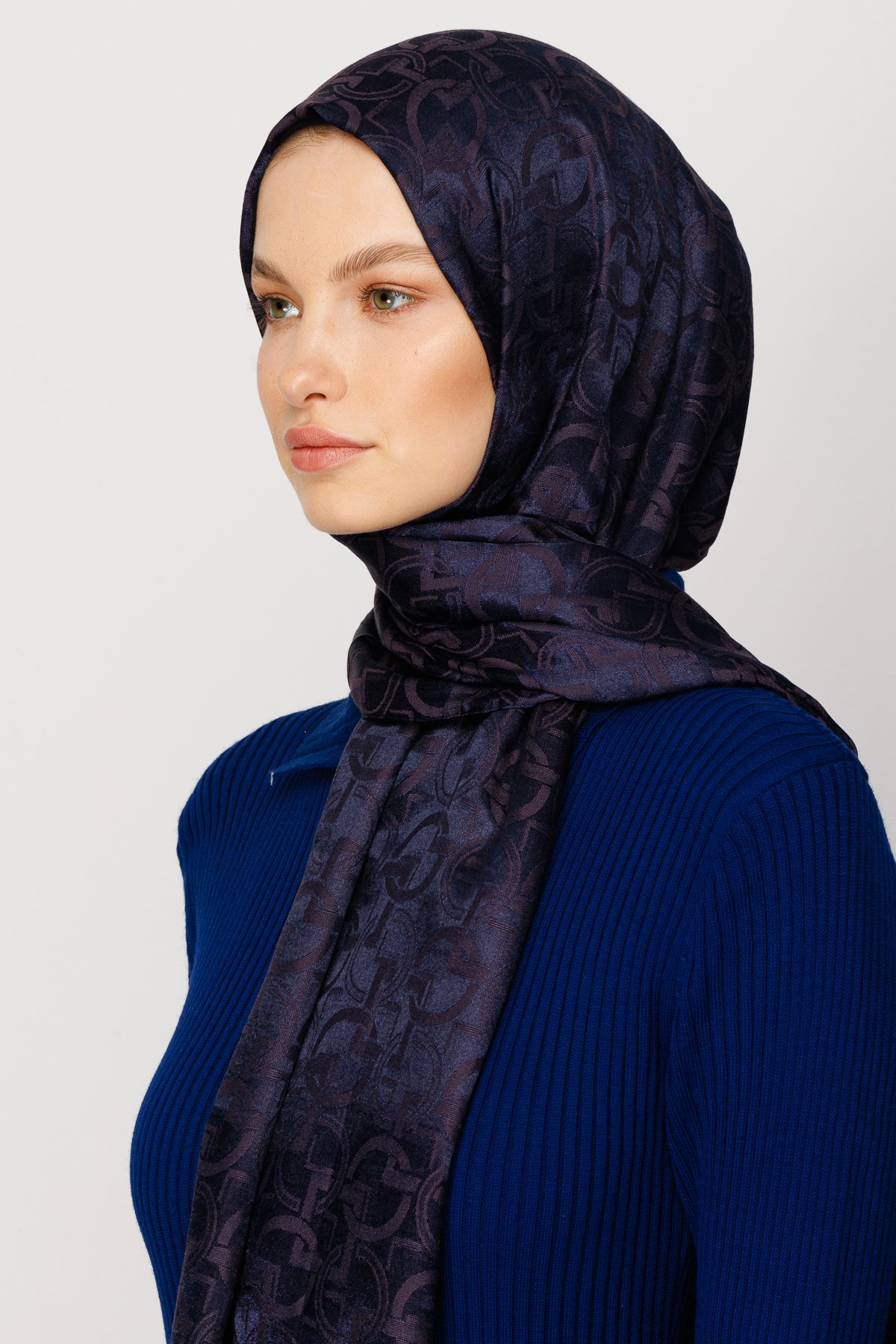 Longar Pattern Shiny Jacquard Shawl - Navyblue