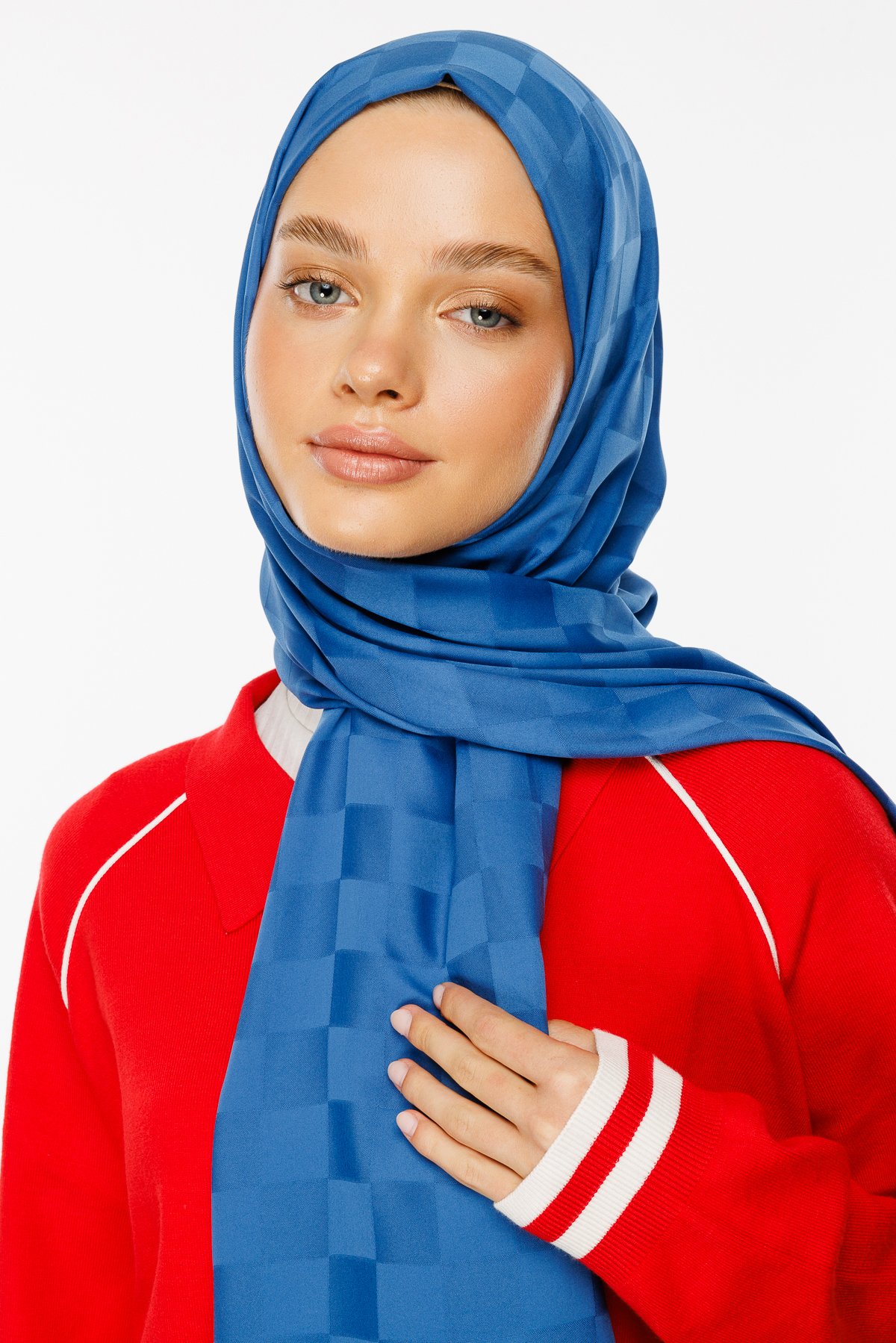 Checkers Pattern Silk Jacquard Shawl - İndigo