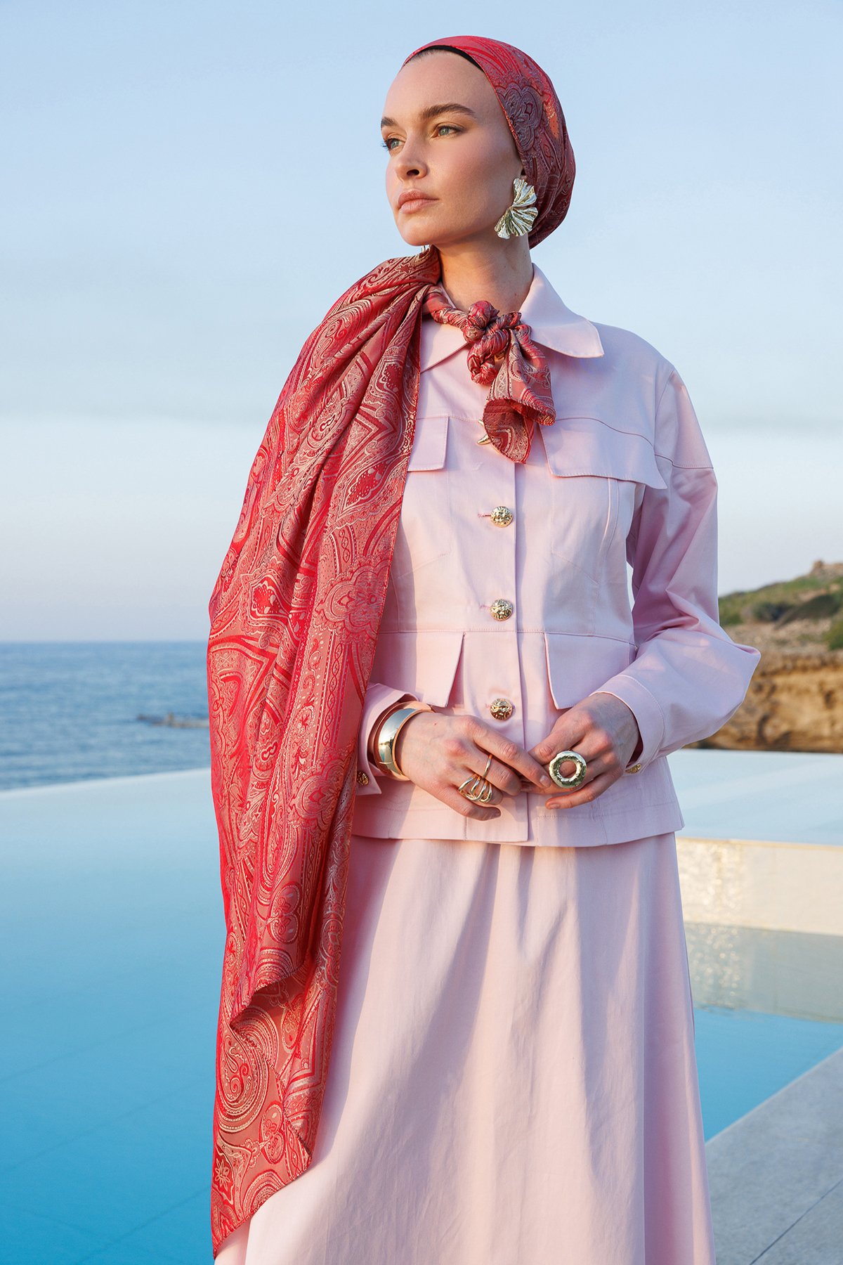 Liva Pattern Shine Line Shawl - Burgundy-Mint Green