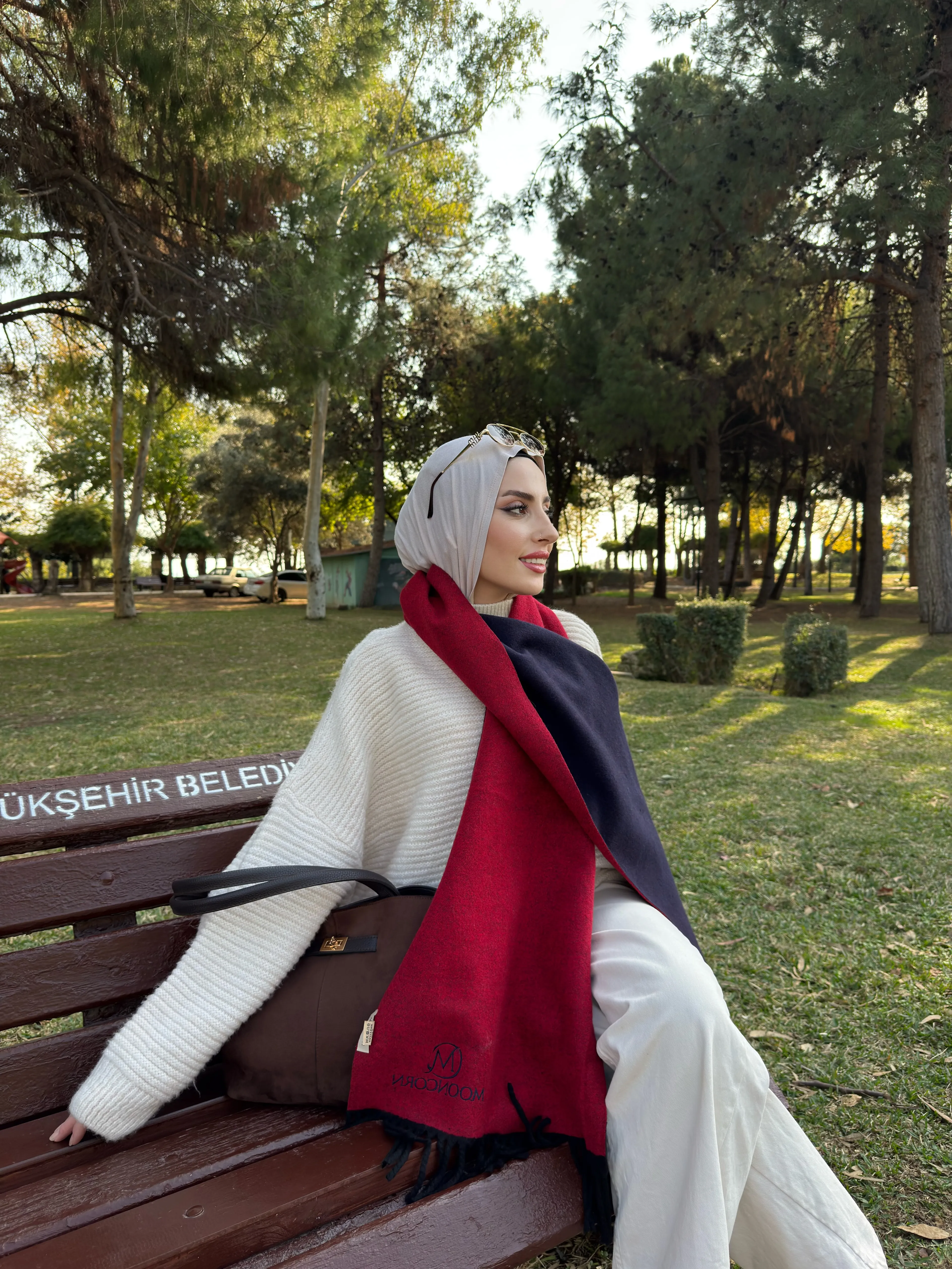 Double-Sided Wool Muffler - Lacivert Kırmızı