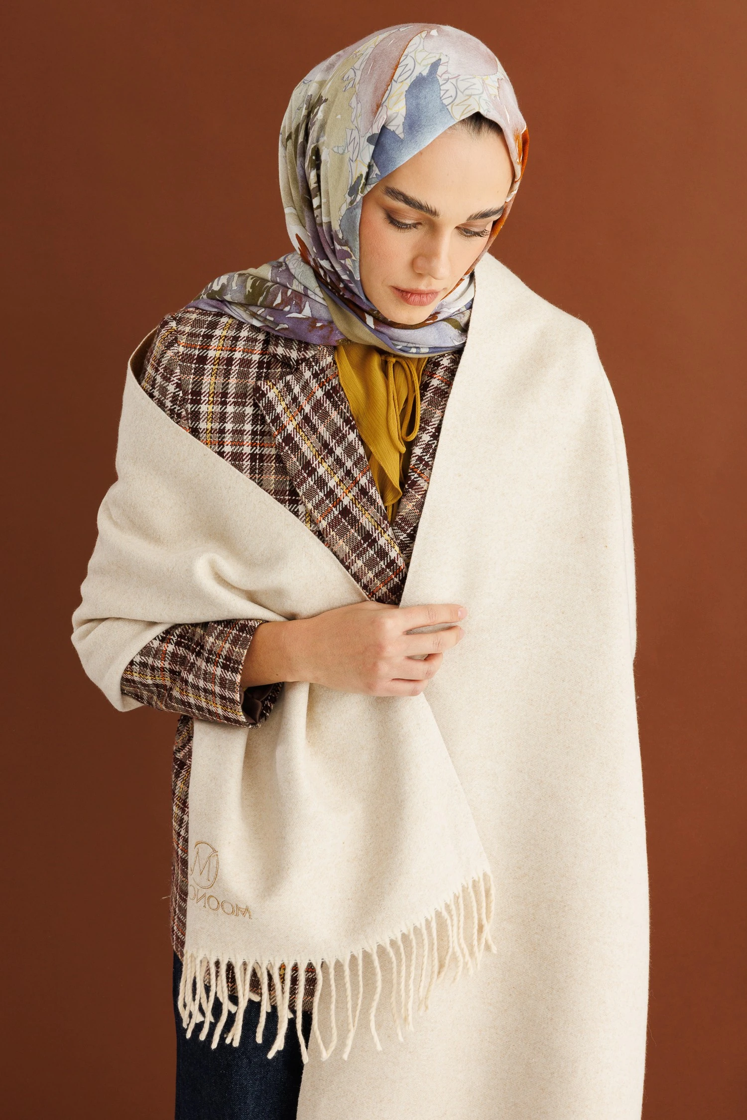 Çift Taraflı Yün Atkı - Hardal Krem