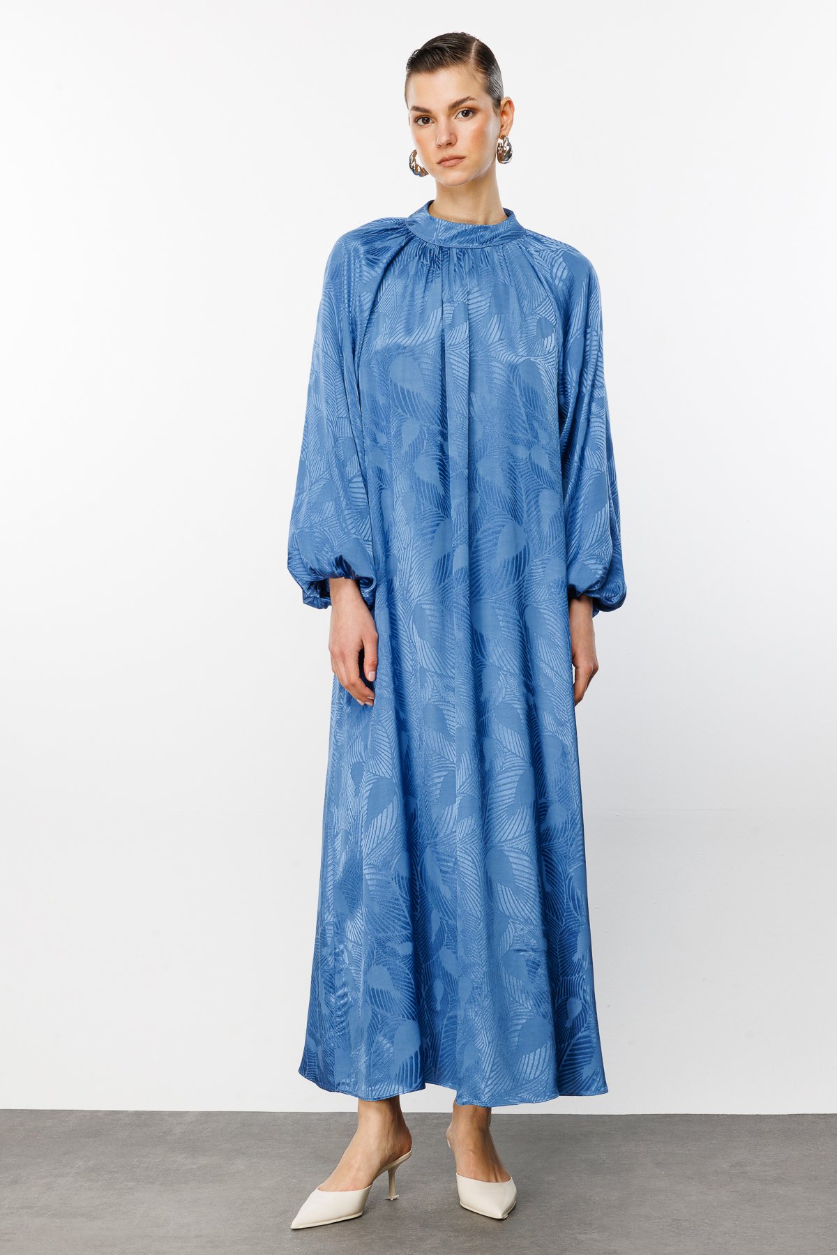 Jacquard Balloon Sleeve Dress - Blue