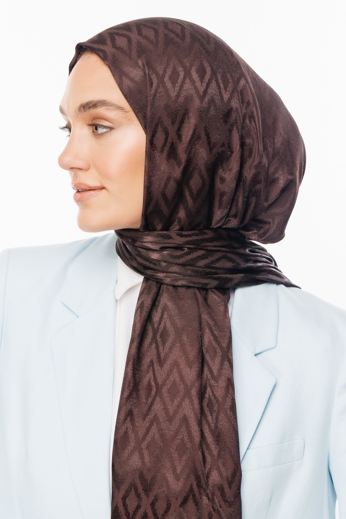 Karo Pattern Shiny Jacquard Shawl - Bitter Coffee