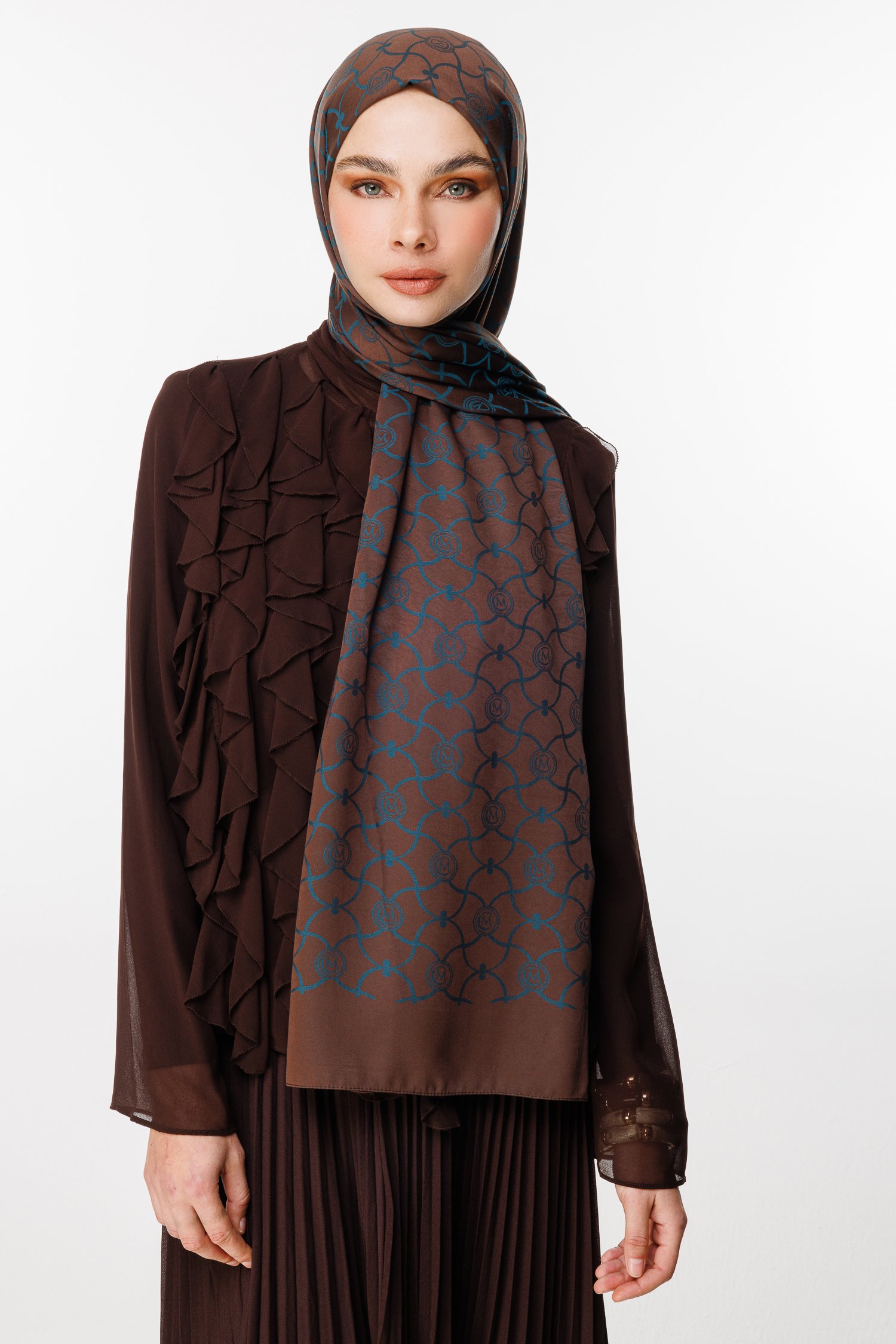Marrakech Pattern Double-Sided Shawl - Bitter Coffee-Petroleum Blue