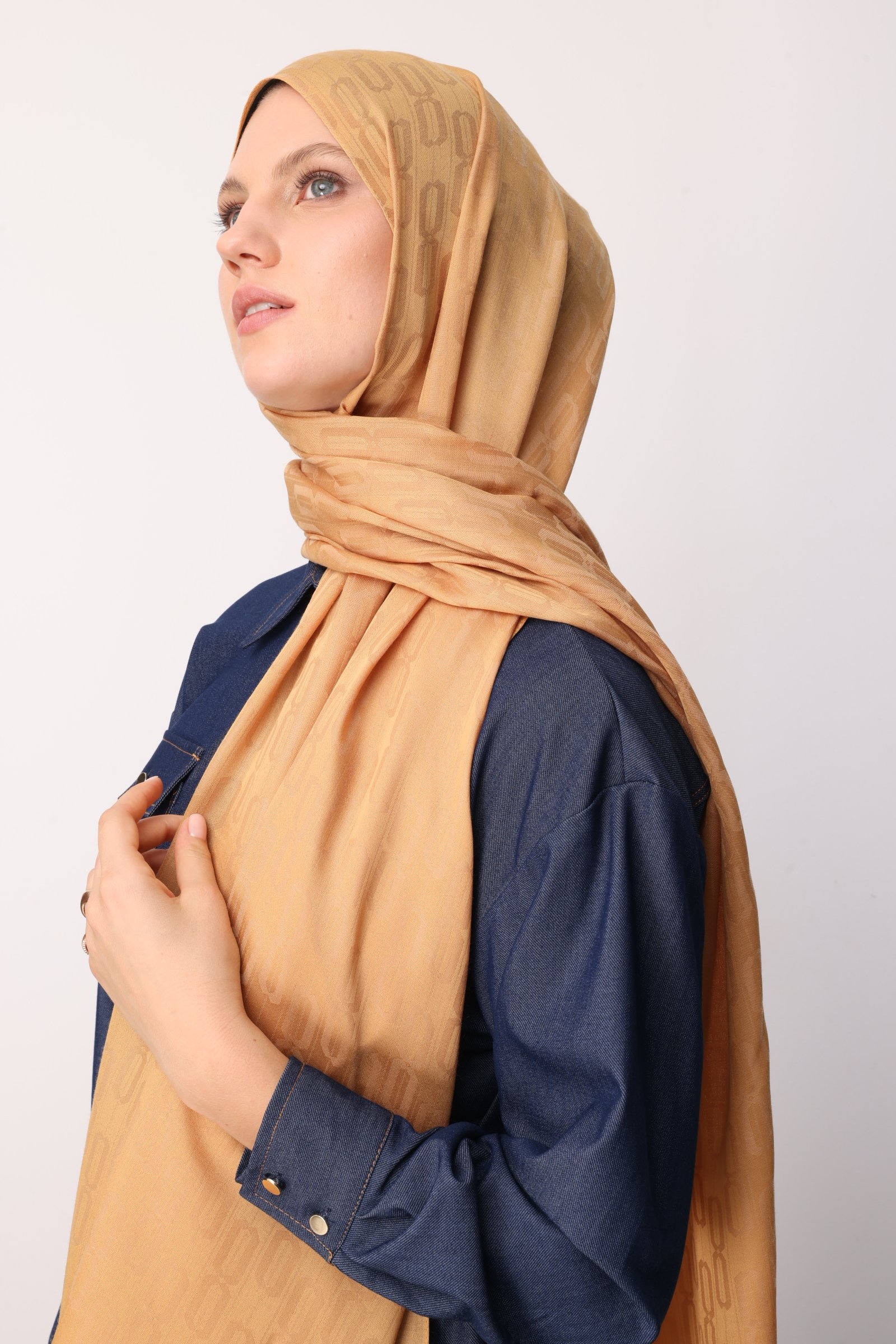 Chain Pattern Cotton Jacquard Shawl - Mustard
