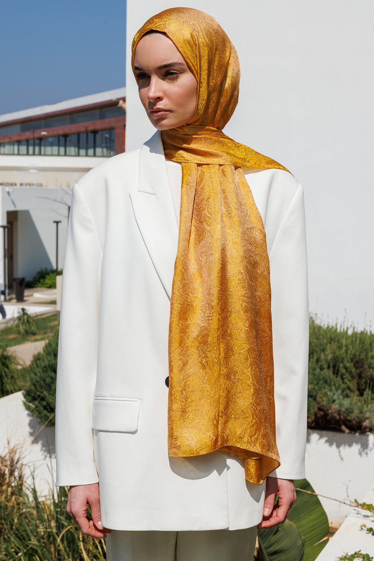 Moren Pattern Shine Line Shawl - Mink-Mustard