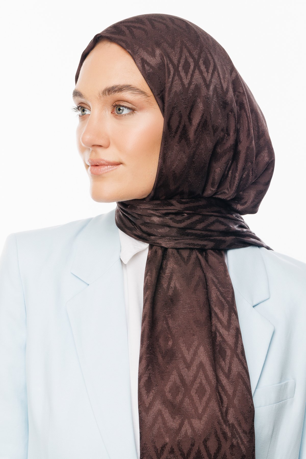 Karo Pattern Shiny Jacquard Shawl - Bitter Coffee