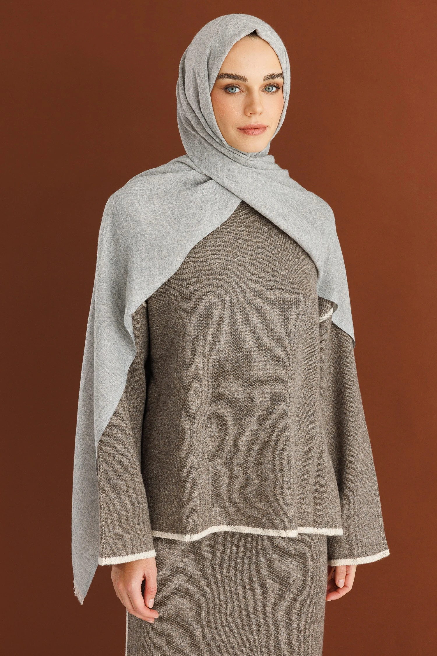 Rumi Desen Yün Kaşmir Şal - Grey