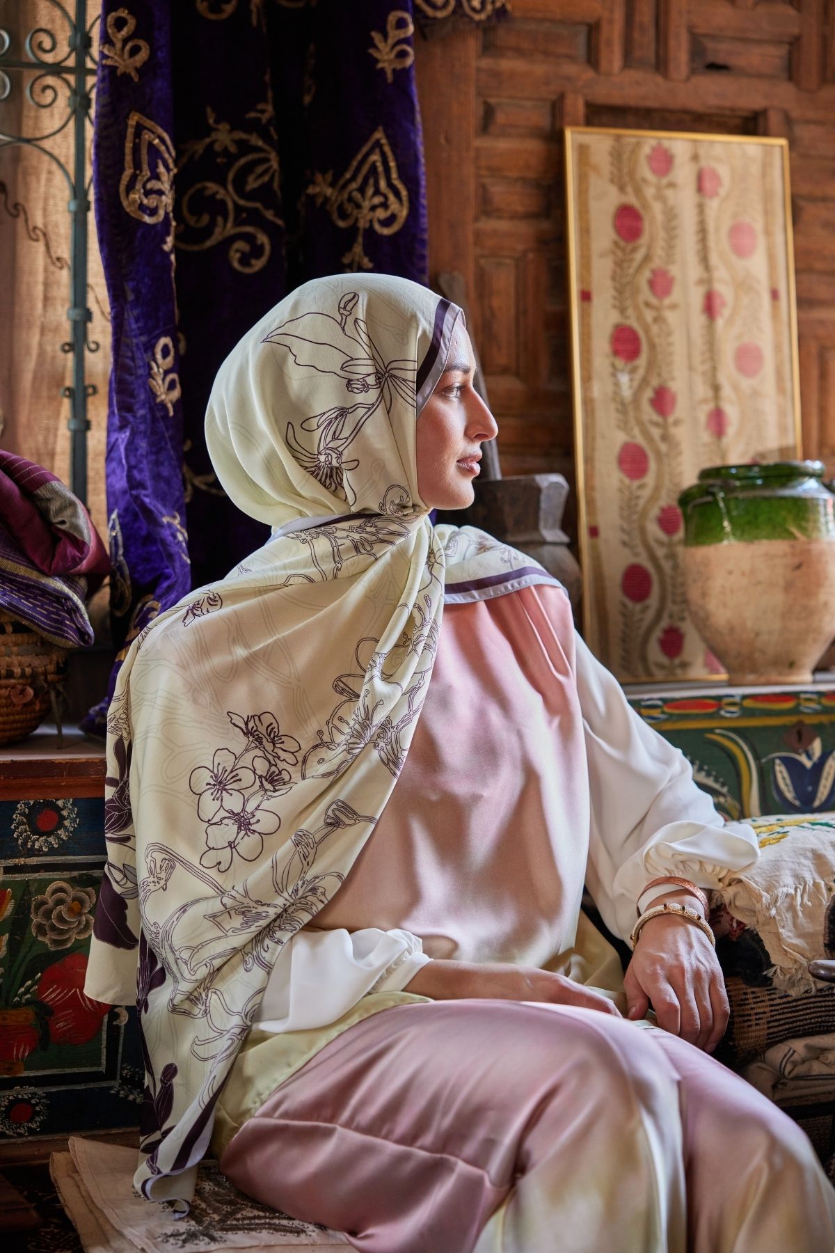 Yekta Desen Sakura İpek Şal Sarı