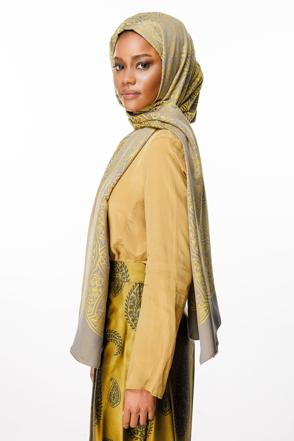 Marrakech Double Sided Shawl - Dark Gray-Mustard