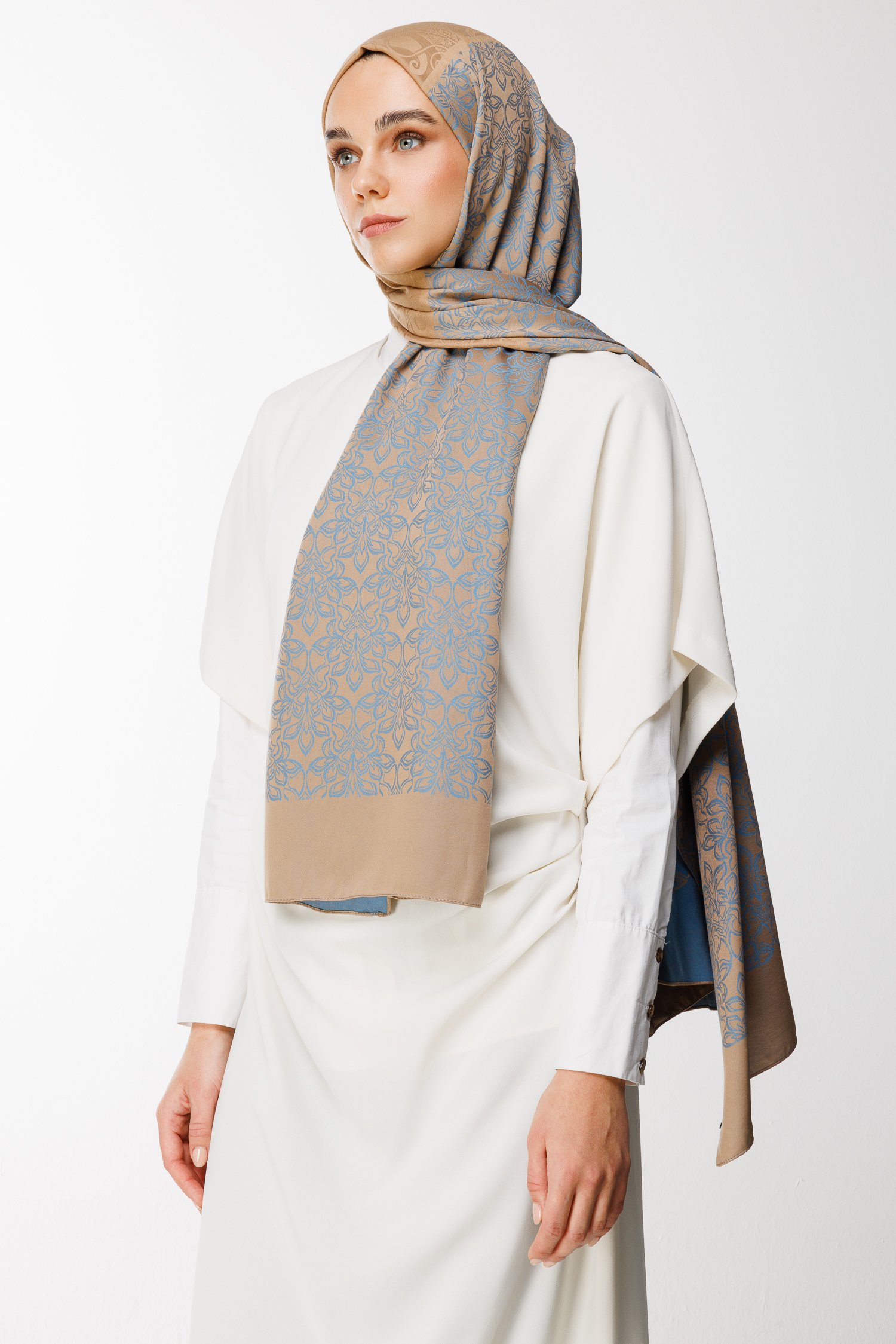 Nora Pattern Double-Sided Shawl - Mink-Turquoise