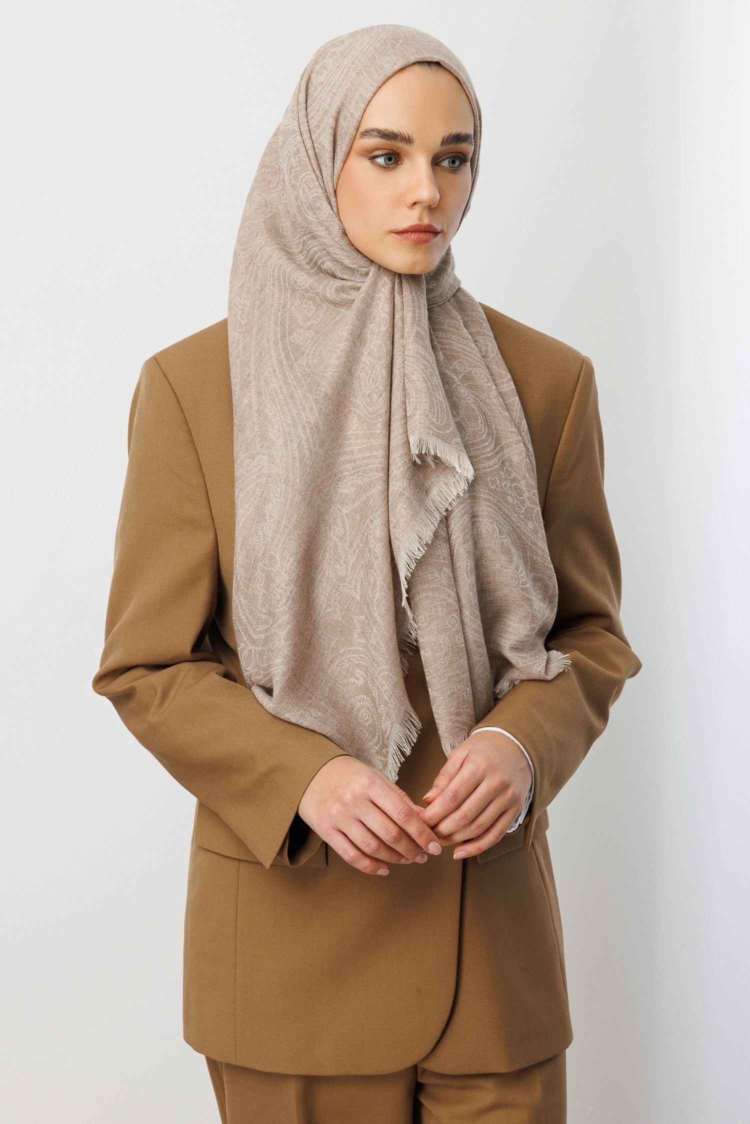 Rumi Desen Yün Kaşmir Şal - Beige