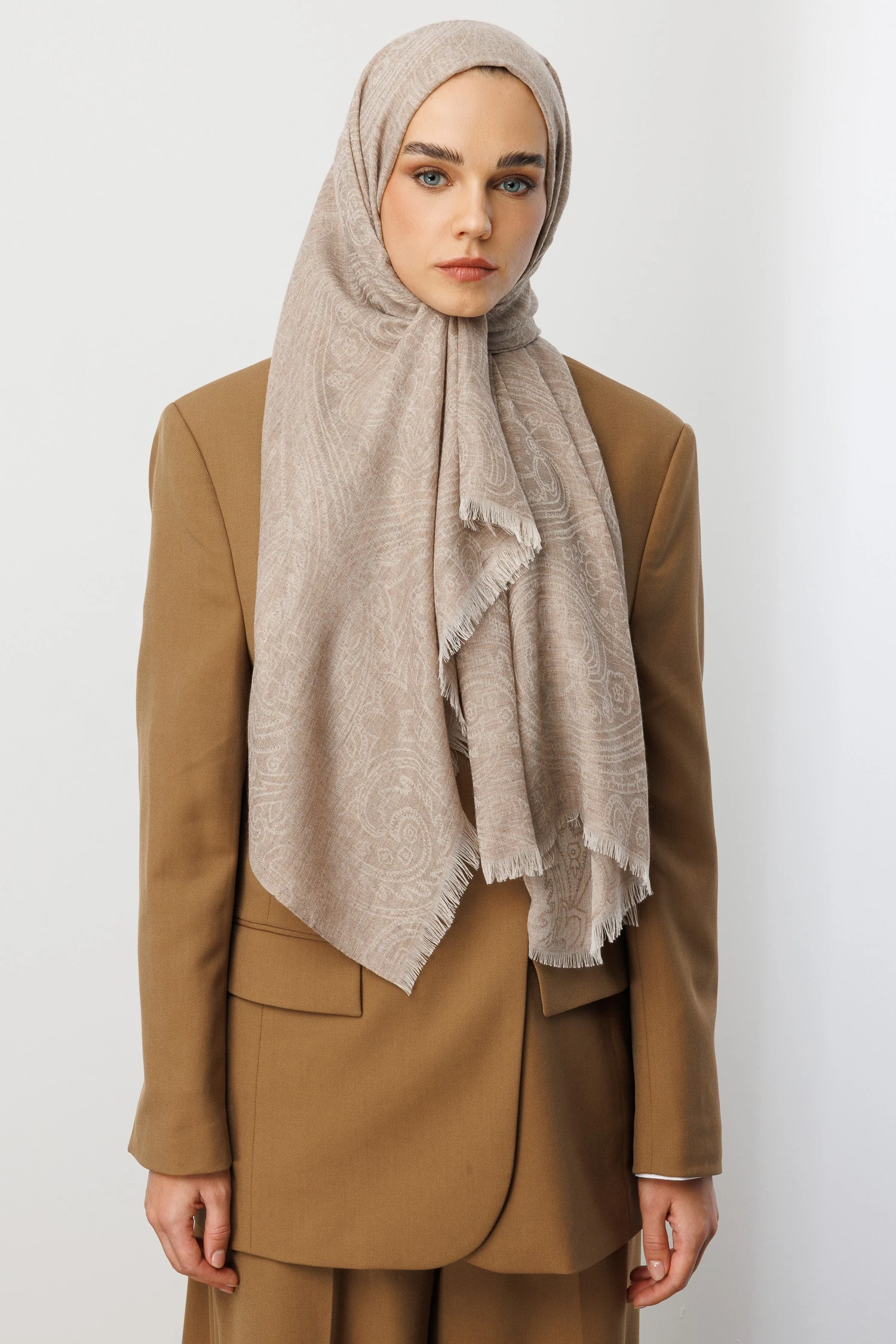 Rumi Desen Yün Kaşmir Şal - Beige