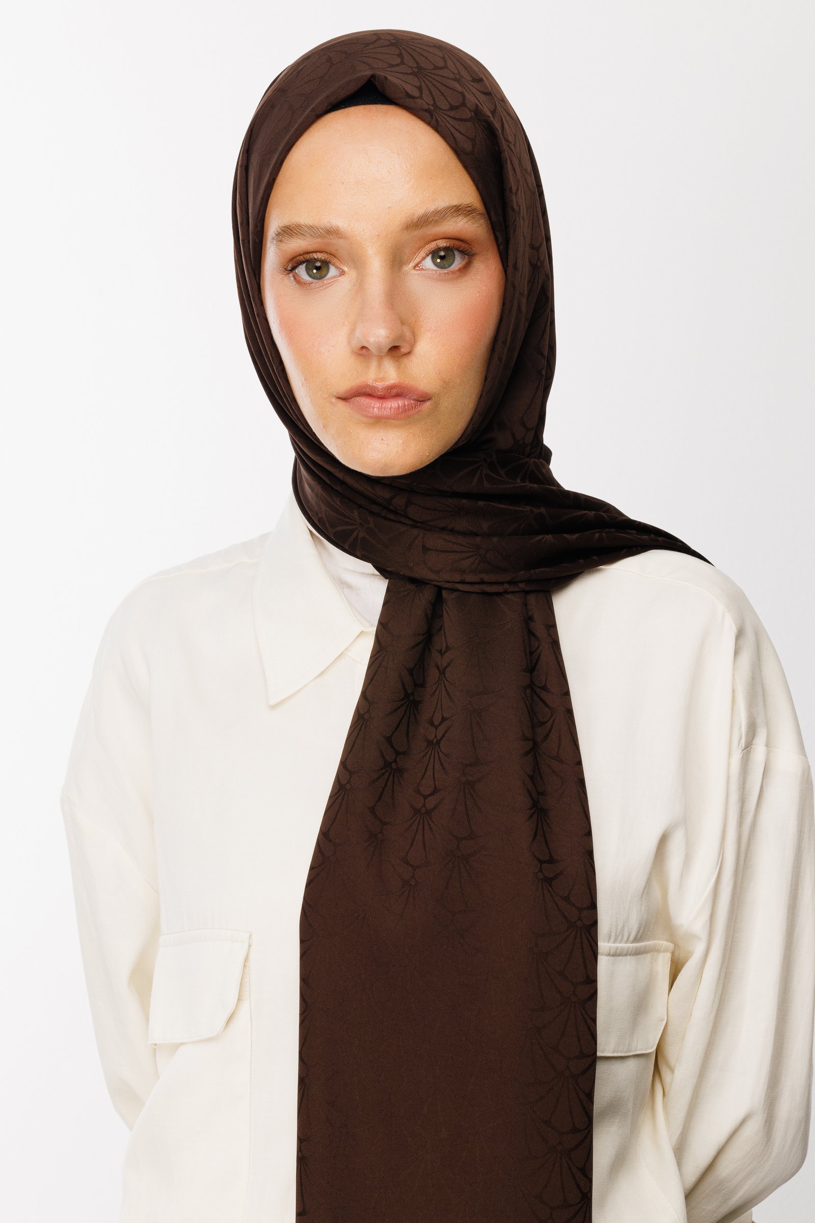 Lotus Pattern Silk Jacquard Shawl - Bitter Coffee