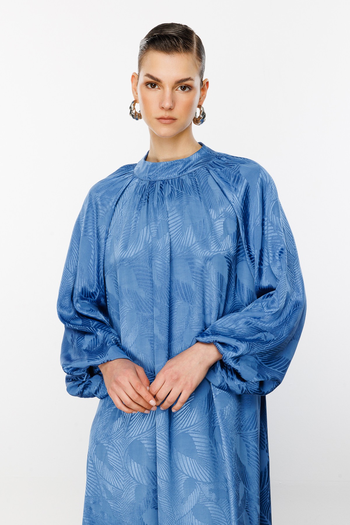 Jakarlı Balon Kol Elbise - Mavi