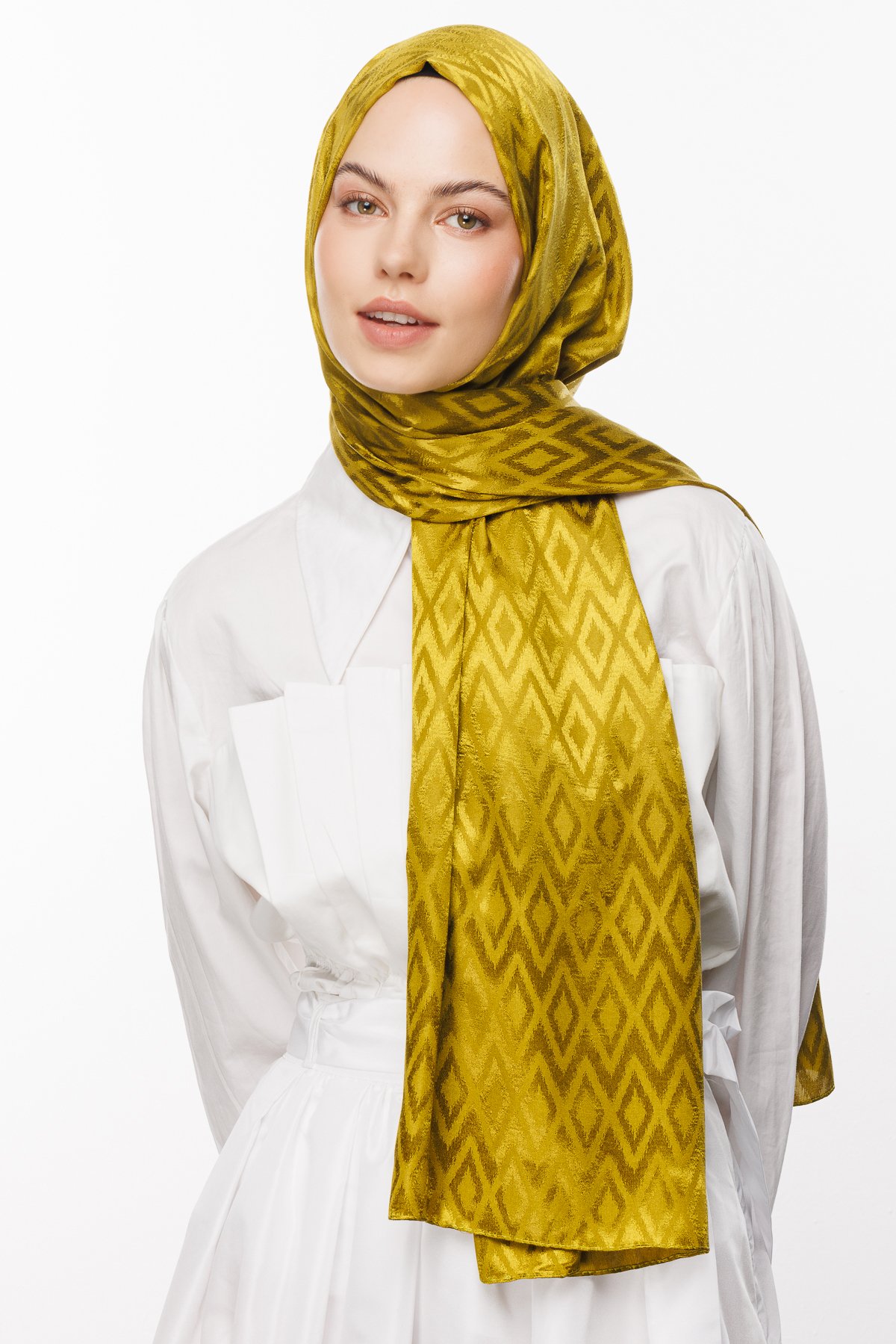 Karo Pattern Shiny Jacquard Shawl - Olive Green