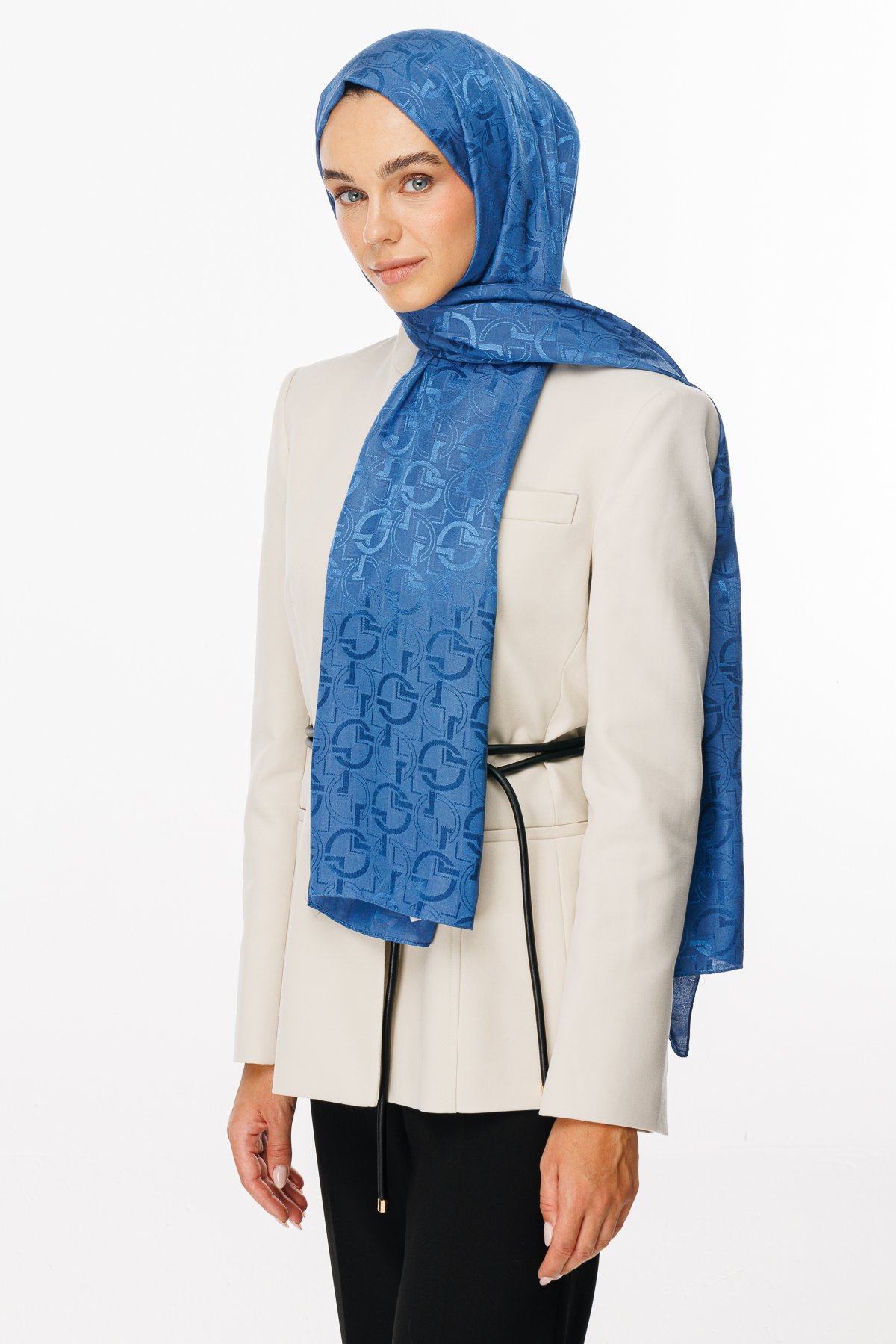 Longar Pattern Shiny Jacquard Shawl - İndigo