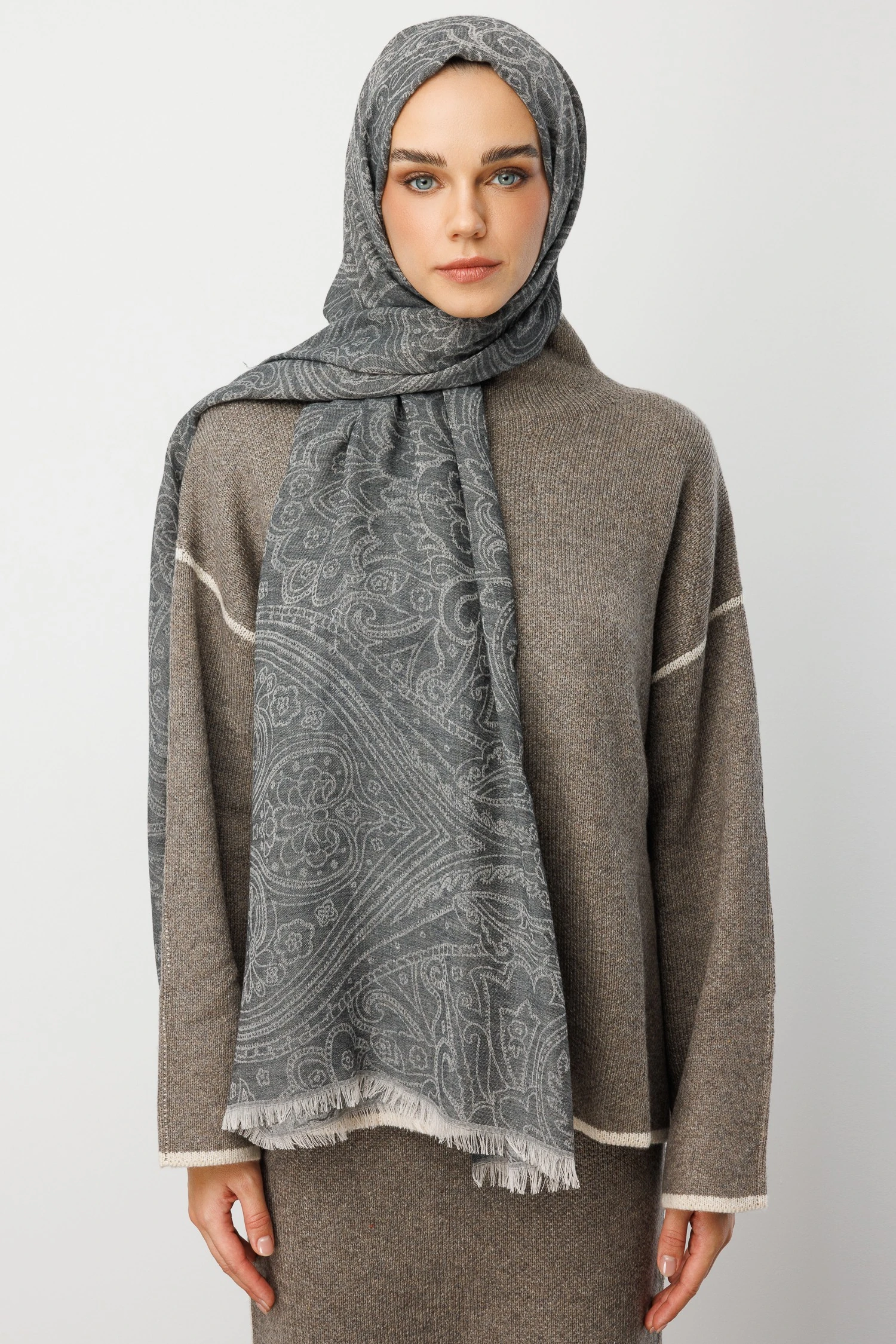 Rumi Desen Yün Kaşmir Şal - Smoked