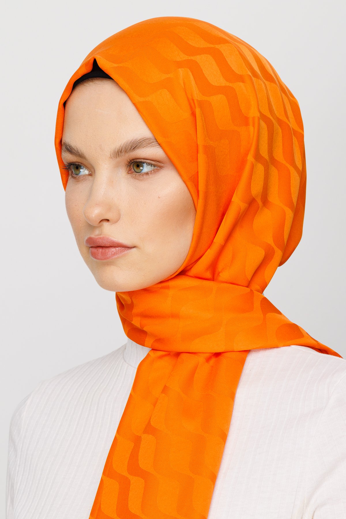 Wave Pattern Silky Jacquard Shawl - Turuncu