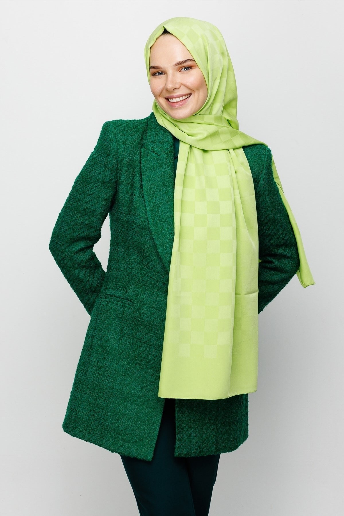 Fıstık Yeşili Dama Desen İpeksi Jakar Şal
