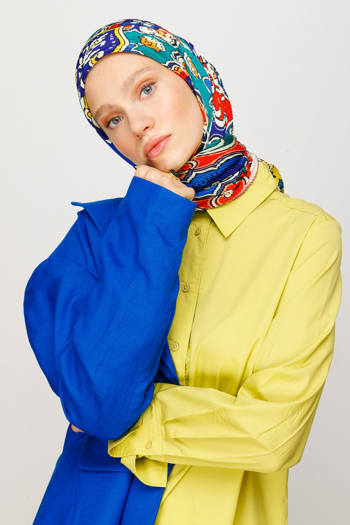 40 Patch Pattern Pleated Scarf - Turquoise