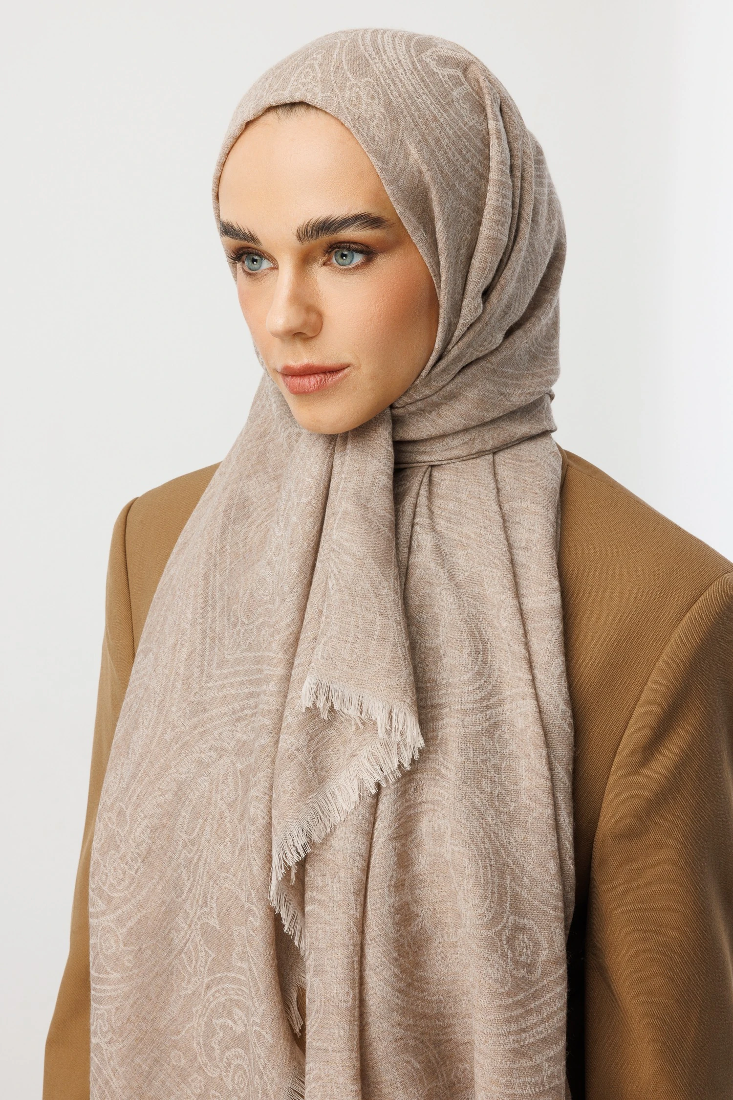 Rumi Desen Yün Kaşmir Şal - Beige