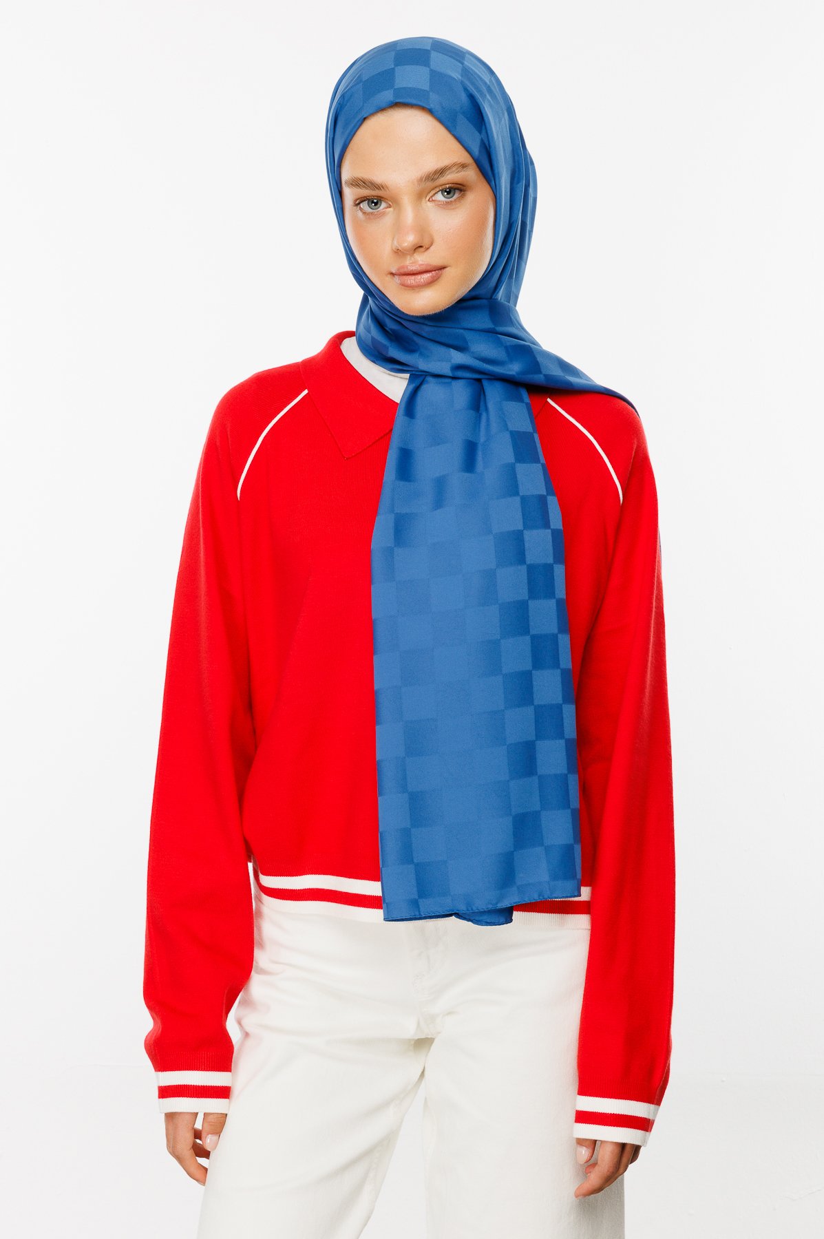 Checkers Pattern Silk Jacquard Shawl - İndigo