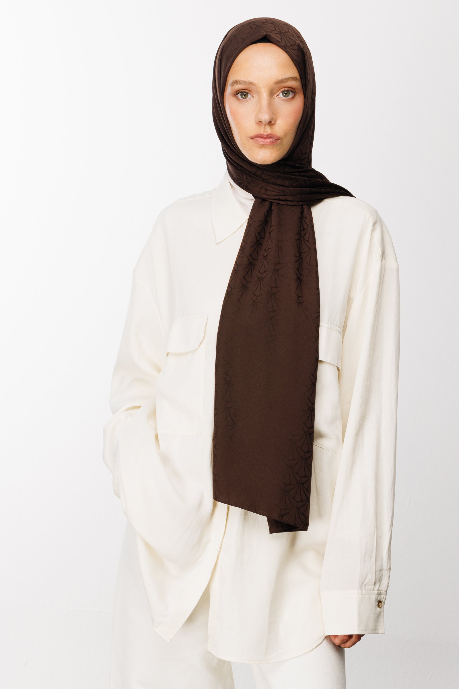 Lotus Pattern Silk Jacquard Shawl - Bitter Coffee