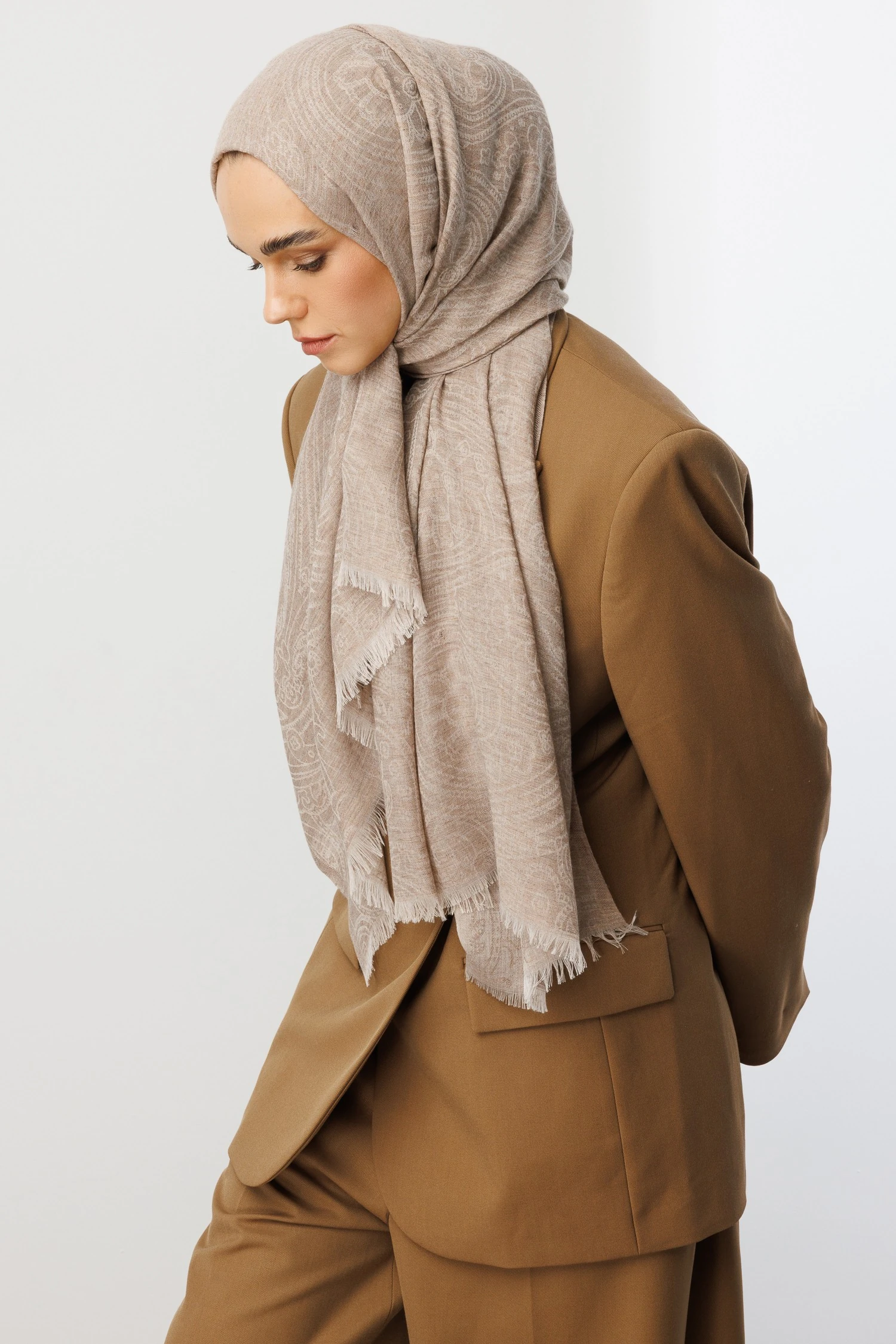 Rumi Desen Yün Kaşmir Şal - Beige