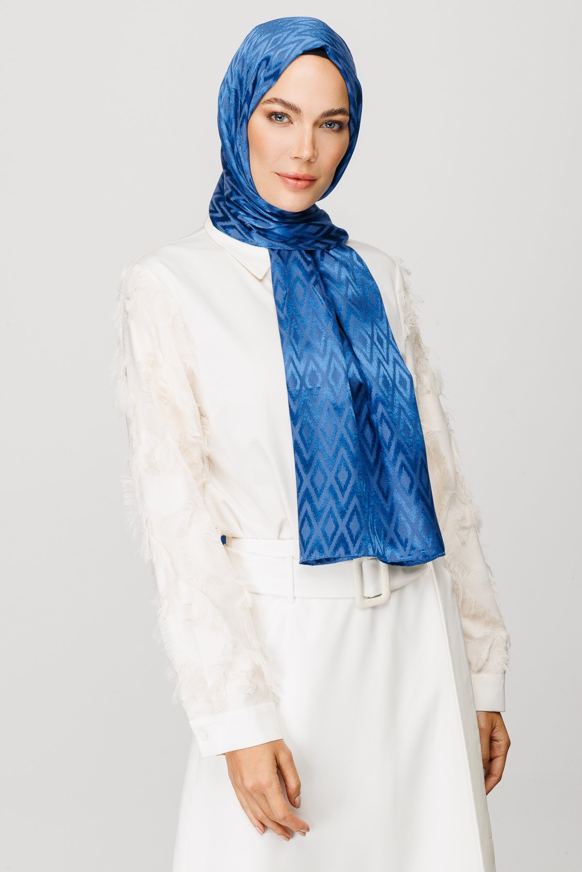 Karo Pattern Shiny Jacquard Shawl - İndigo