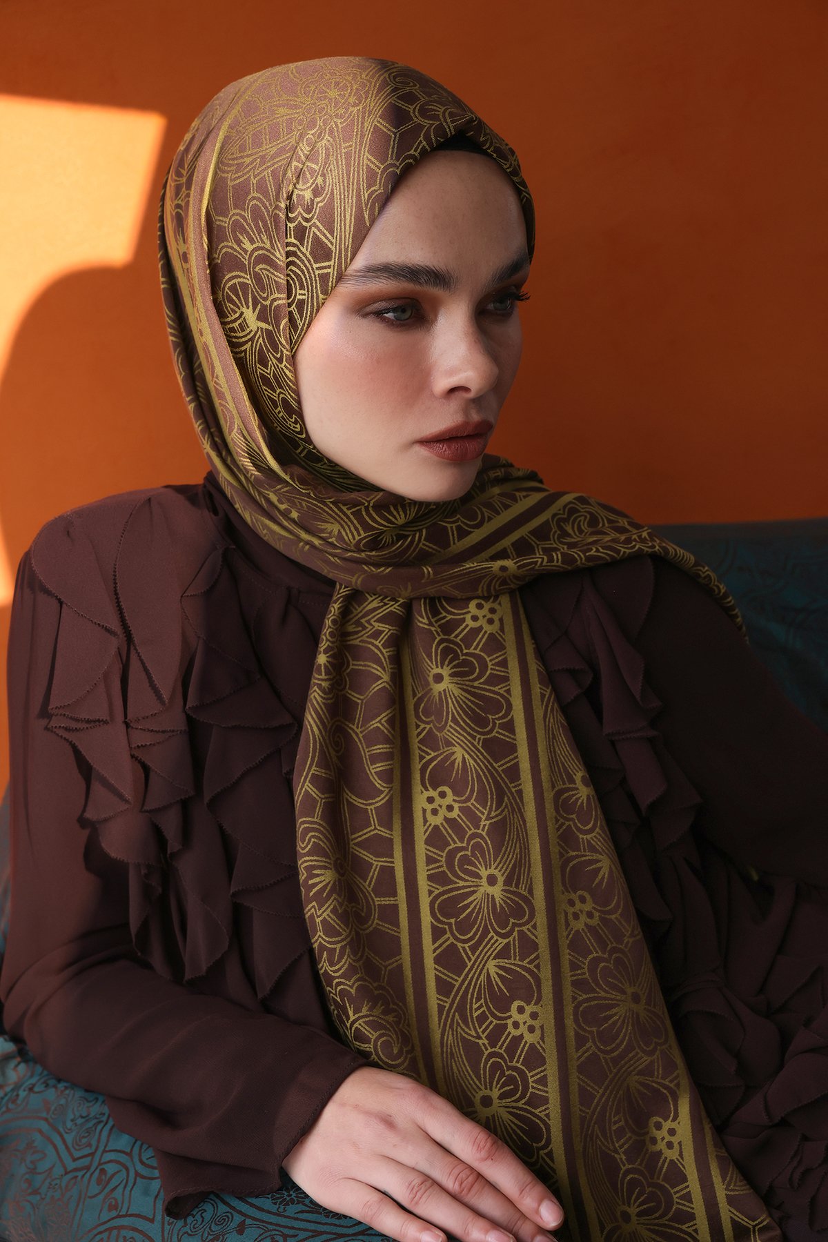 Lavin Desen Çift Taraflı Şal Acı Kahve-Somon