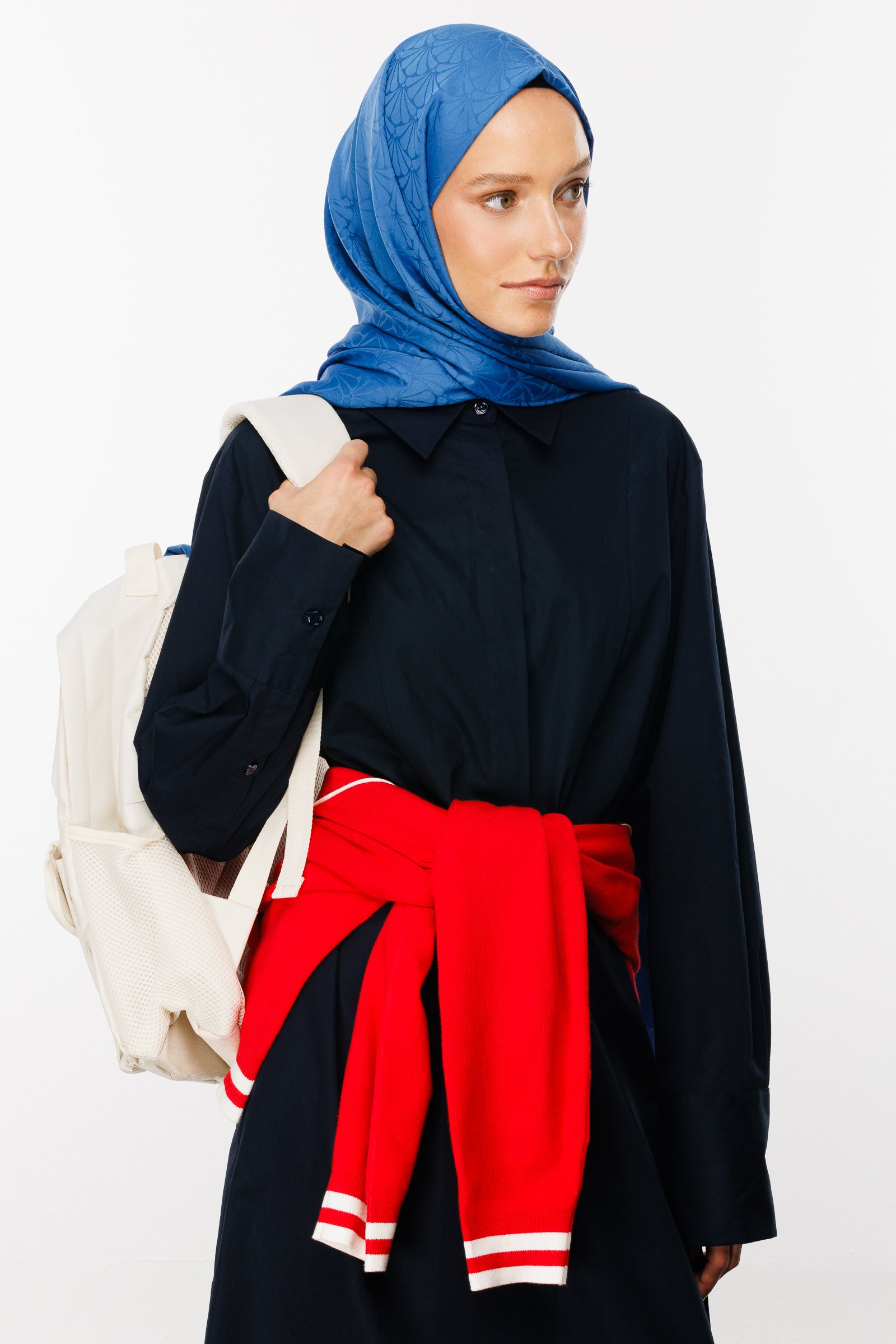Lotus Pattern Silk Jacquard Shawl - İndigo